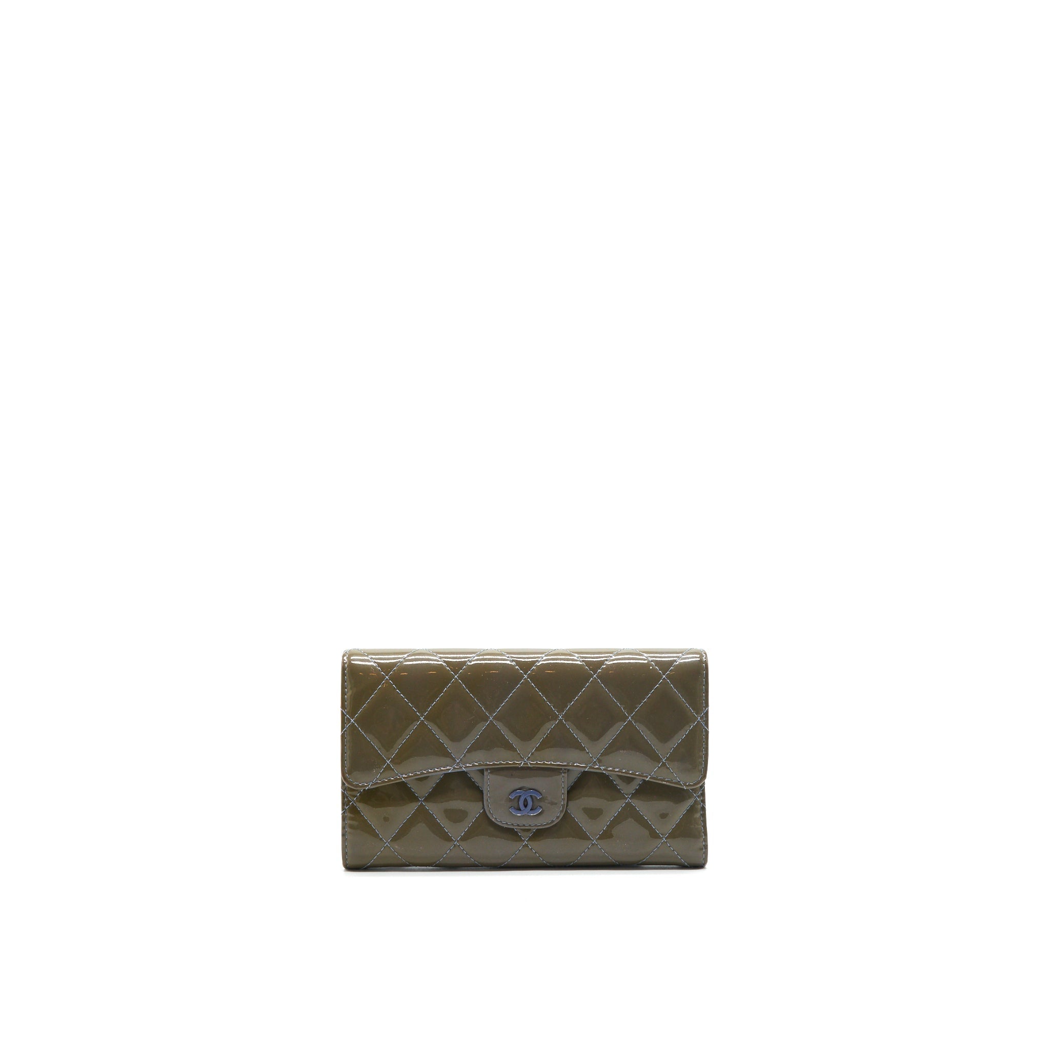 CHANEL FLAP LONG WALLET PATENT LEATHER GREY