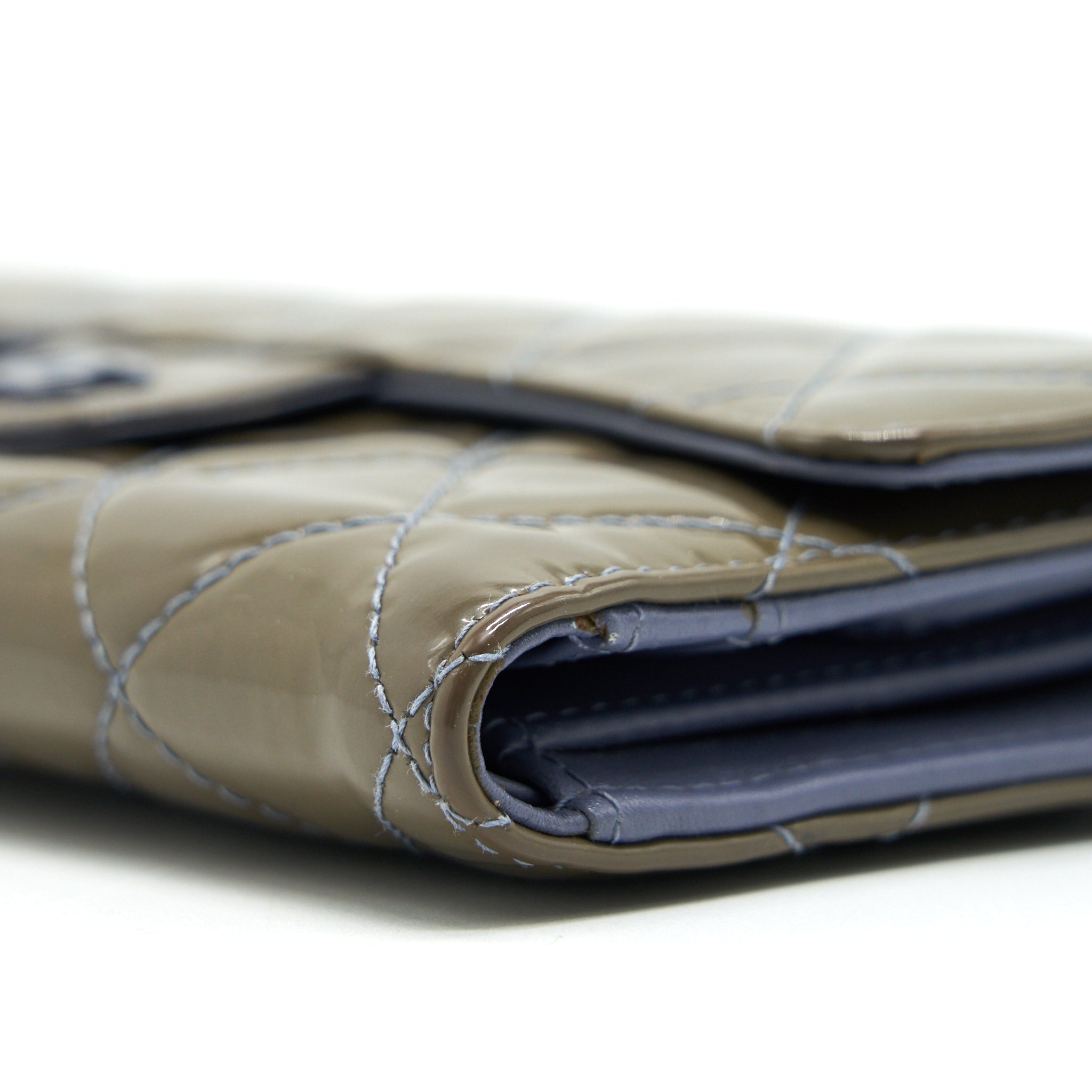 CHANEL FLAP LONG WALLET PATENT LEATHER GREY