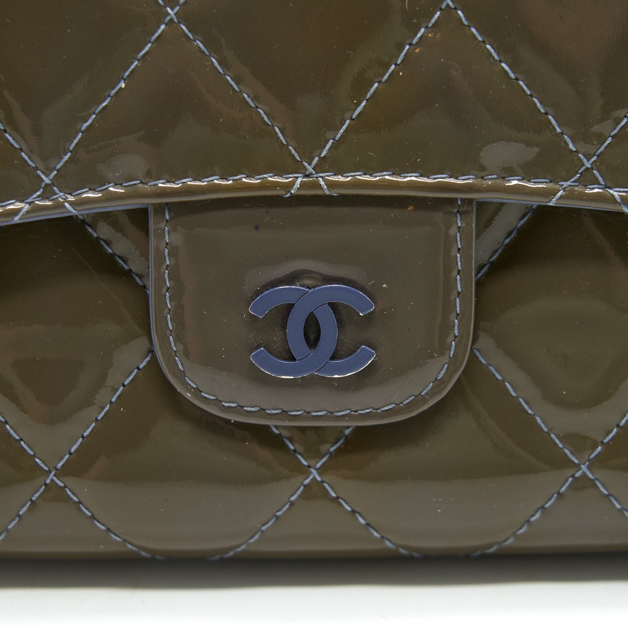 CHANEL FLAP LONG WALLET PATENT LEATHER GREY
