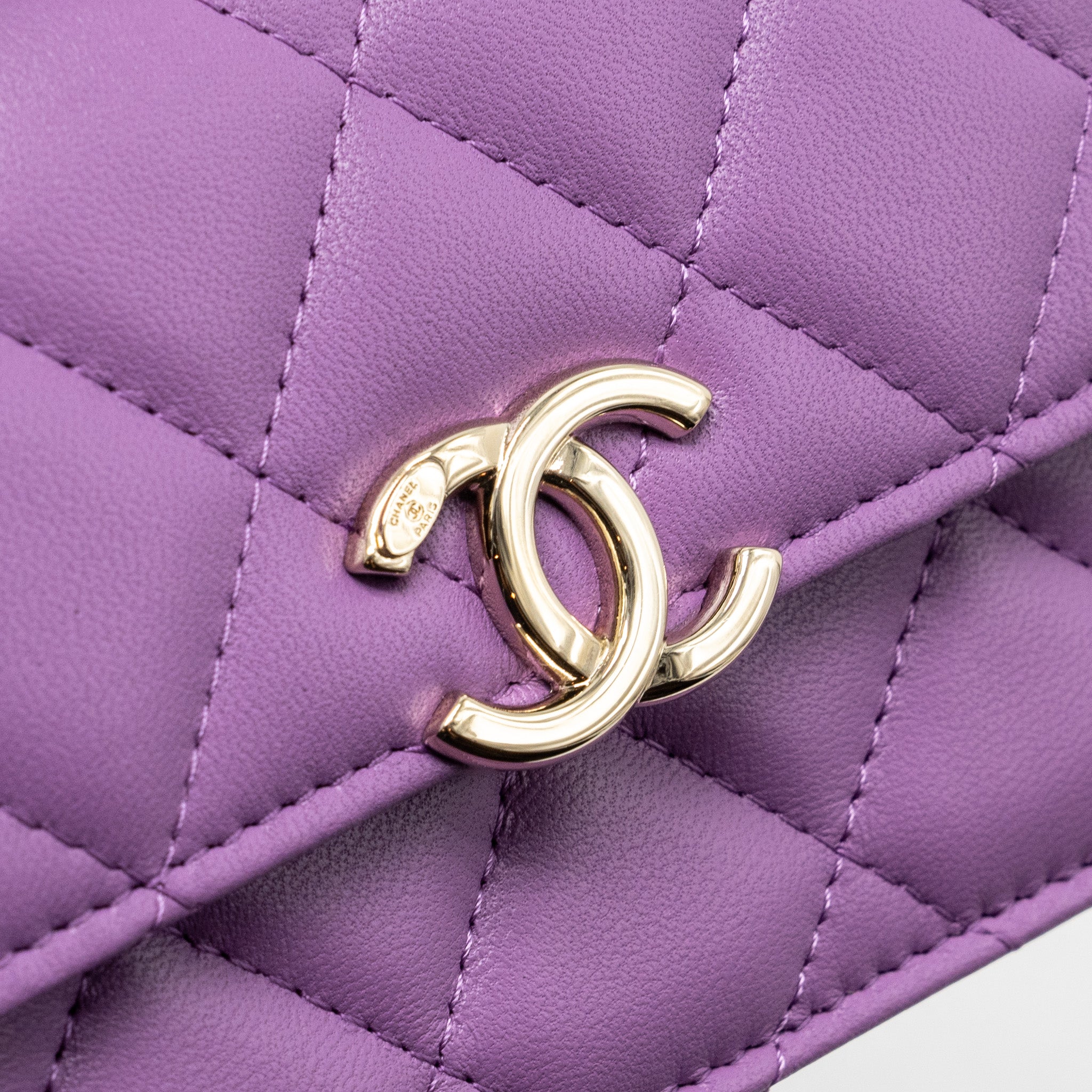 Chanel detailed top handle flap mini clutch with chain lambskin purple L (microchip)