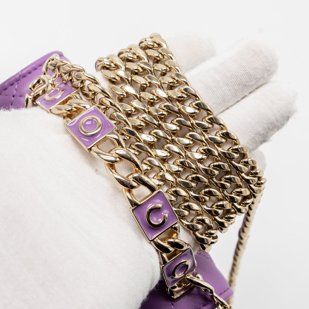 Chanel detailed top handle flap mini clutch with chain lambskin purple L (microchip)
