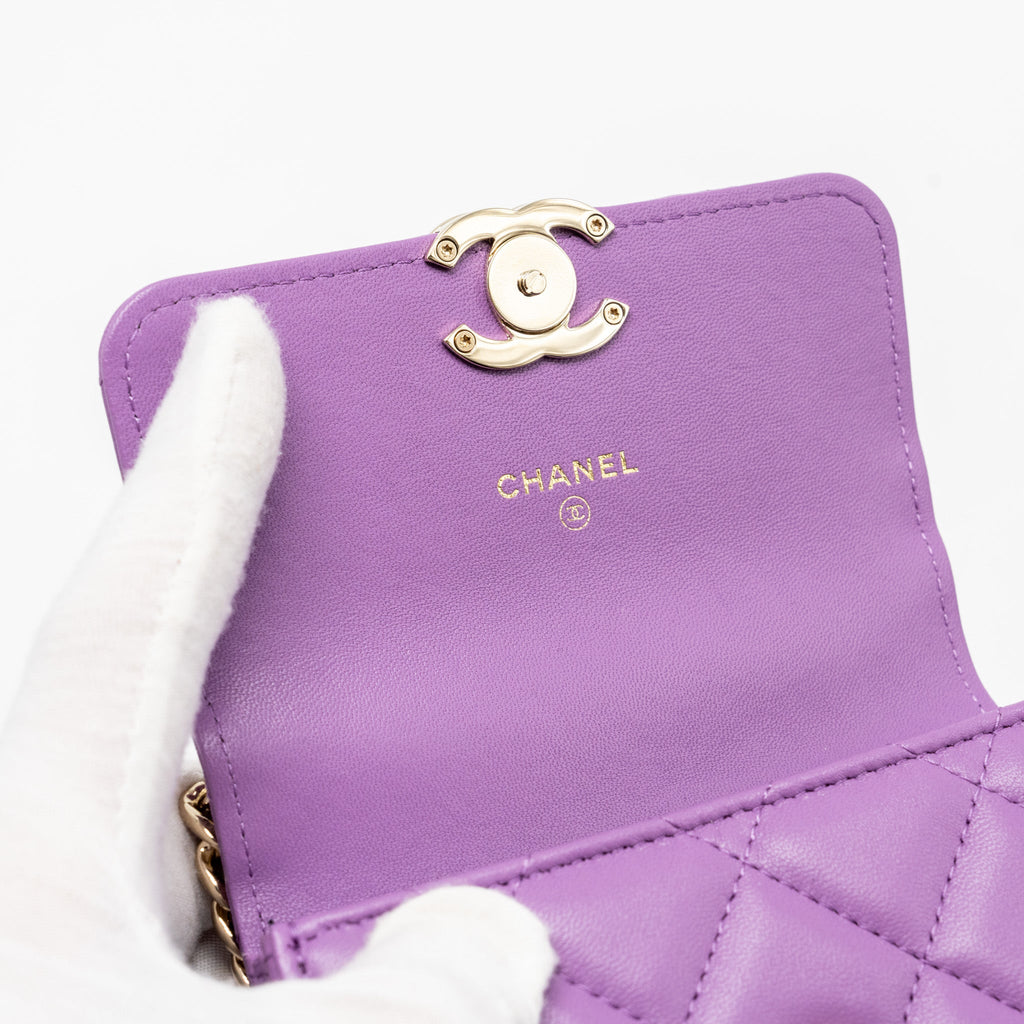 Chanel detailed top handle flap mini clutch with chain lambskin purple L (microchip)