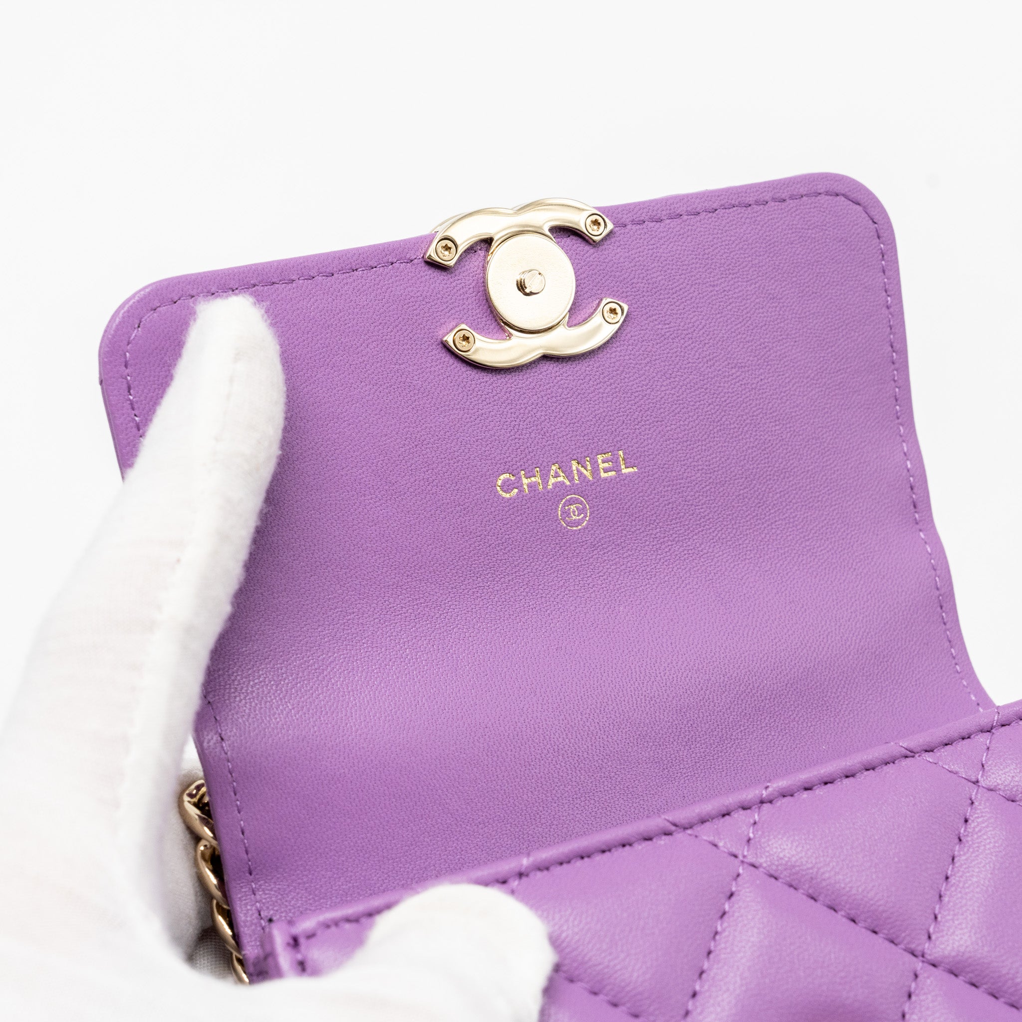 Chanel detailed top handle flap mini clutch with chain lambskin purple L (microchip)