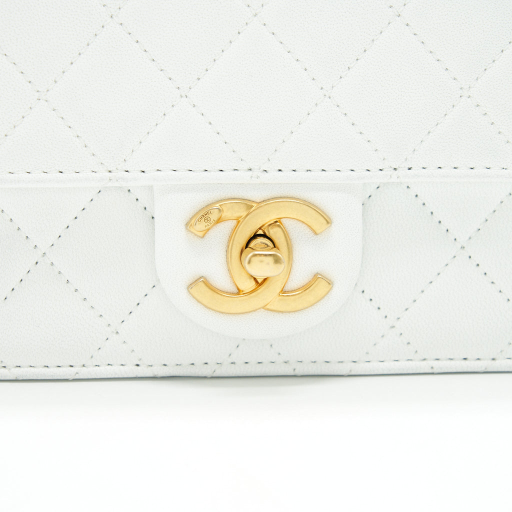 Chanel Quilted Pearl Chain Flap Bag In White