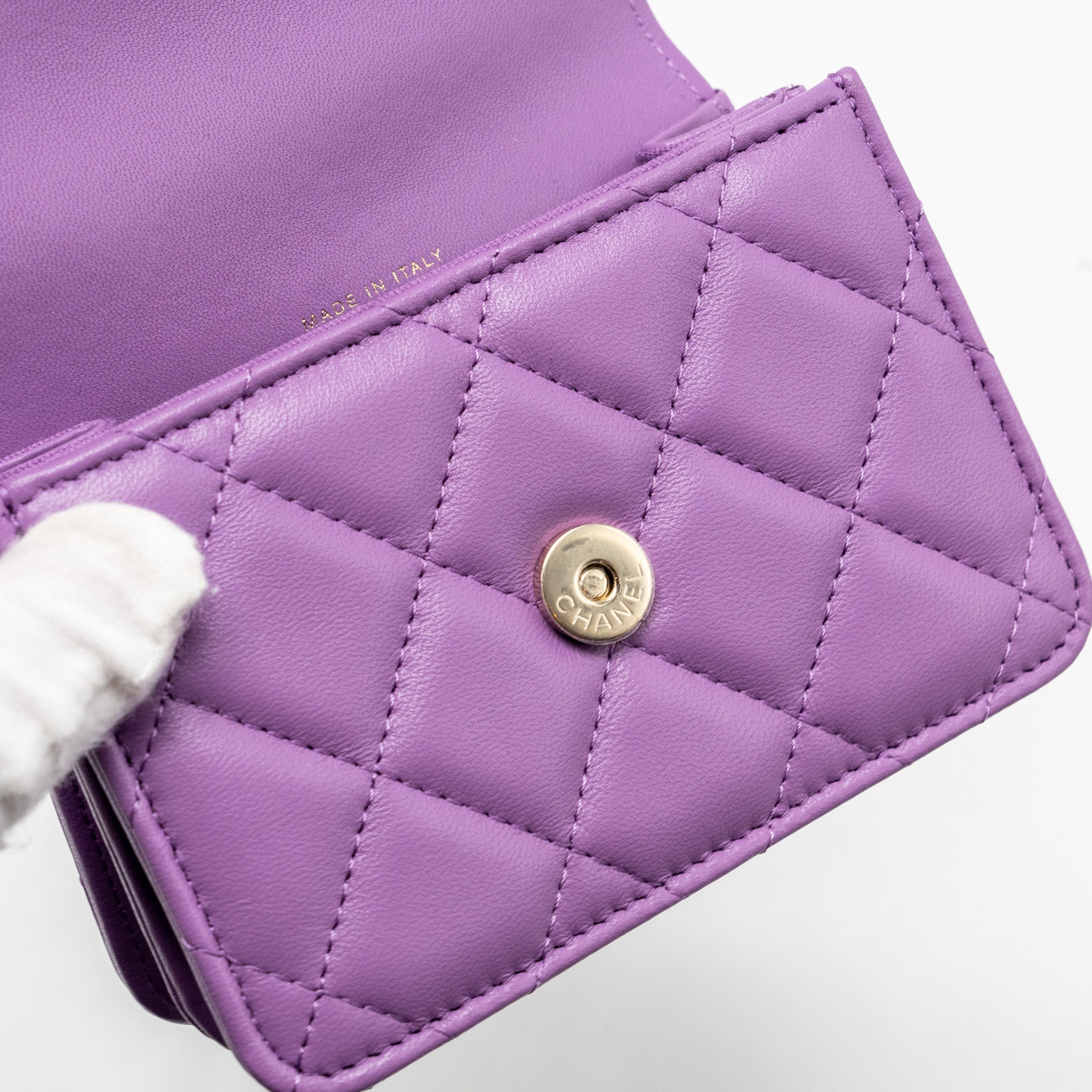 Chanel detailed top handle flap mini clutch with chain lambskin purple L (microchip)