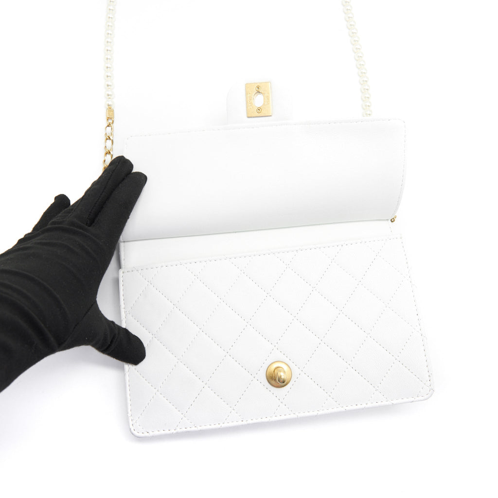 Chanel Quilted Pearl Chain Flap Bag In White