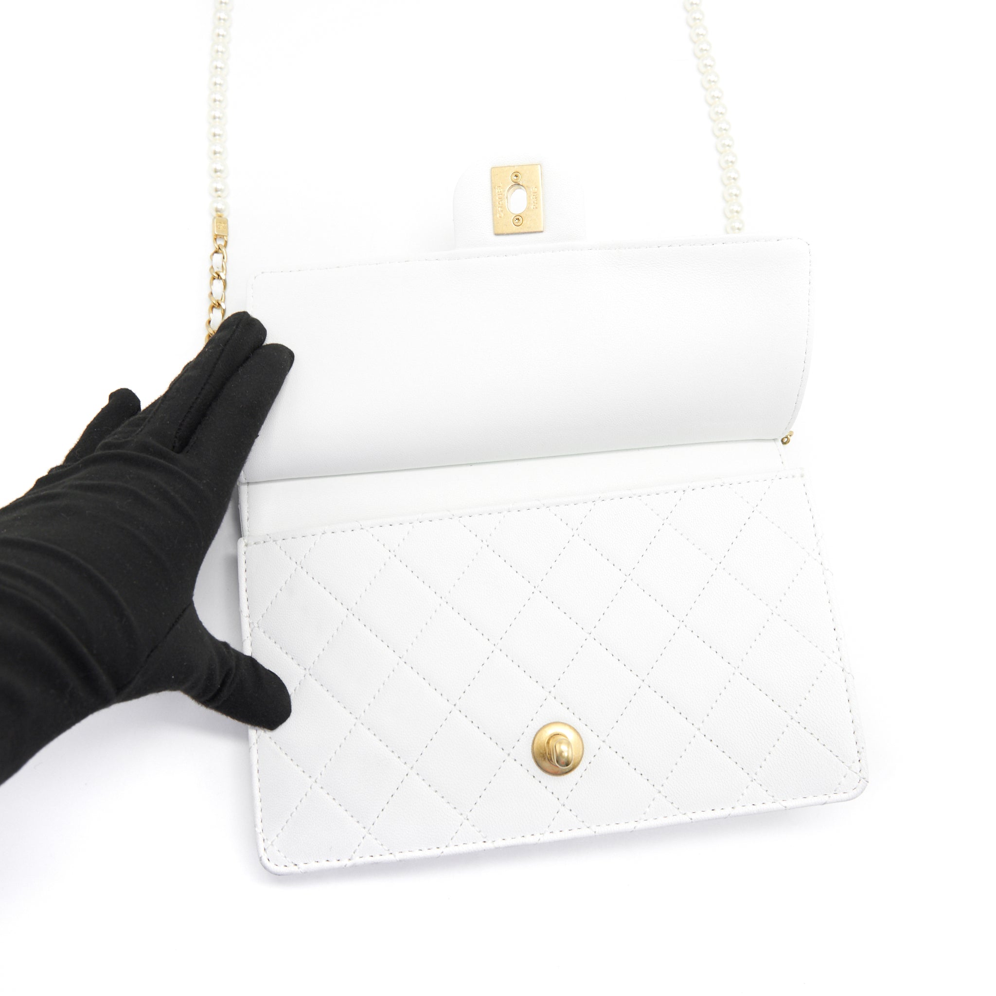Chanel Quilted Pearl Chain Flap Bag In White