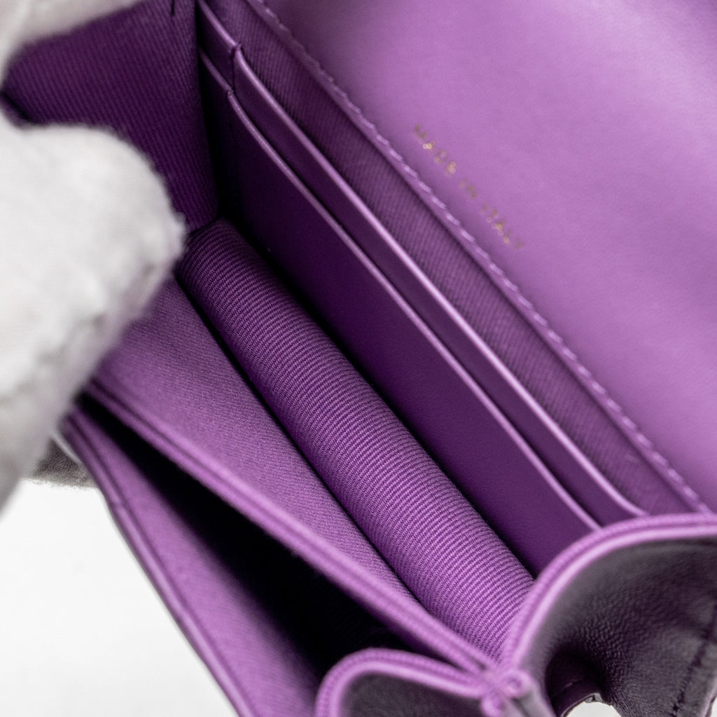 Chanel detailed top handle flap mini clutch with chain lambskin purple L (microchip)