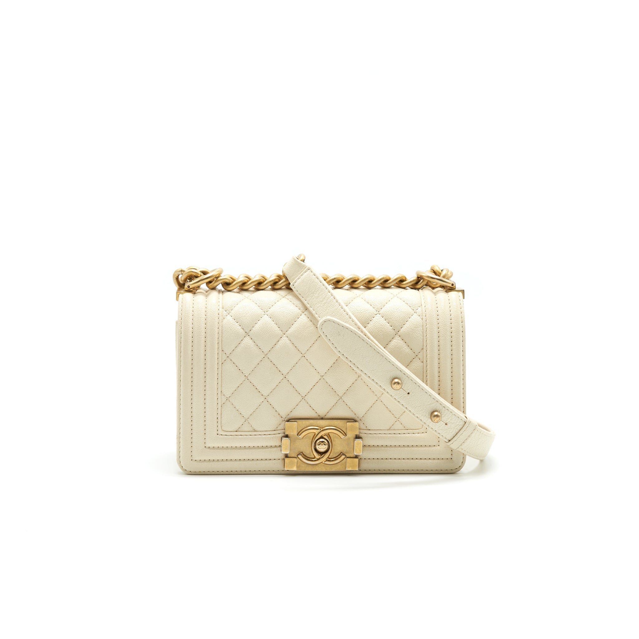 CHANEL SMALL BOY BAG CAVIAR LEATHER  IN WHITE