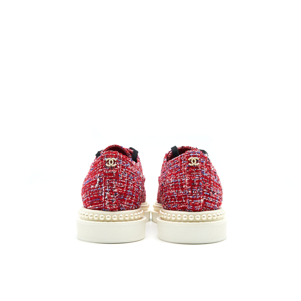 CHANEL Size 36.5 Tweed Lace-Up Pearls Flats Shoes