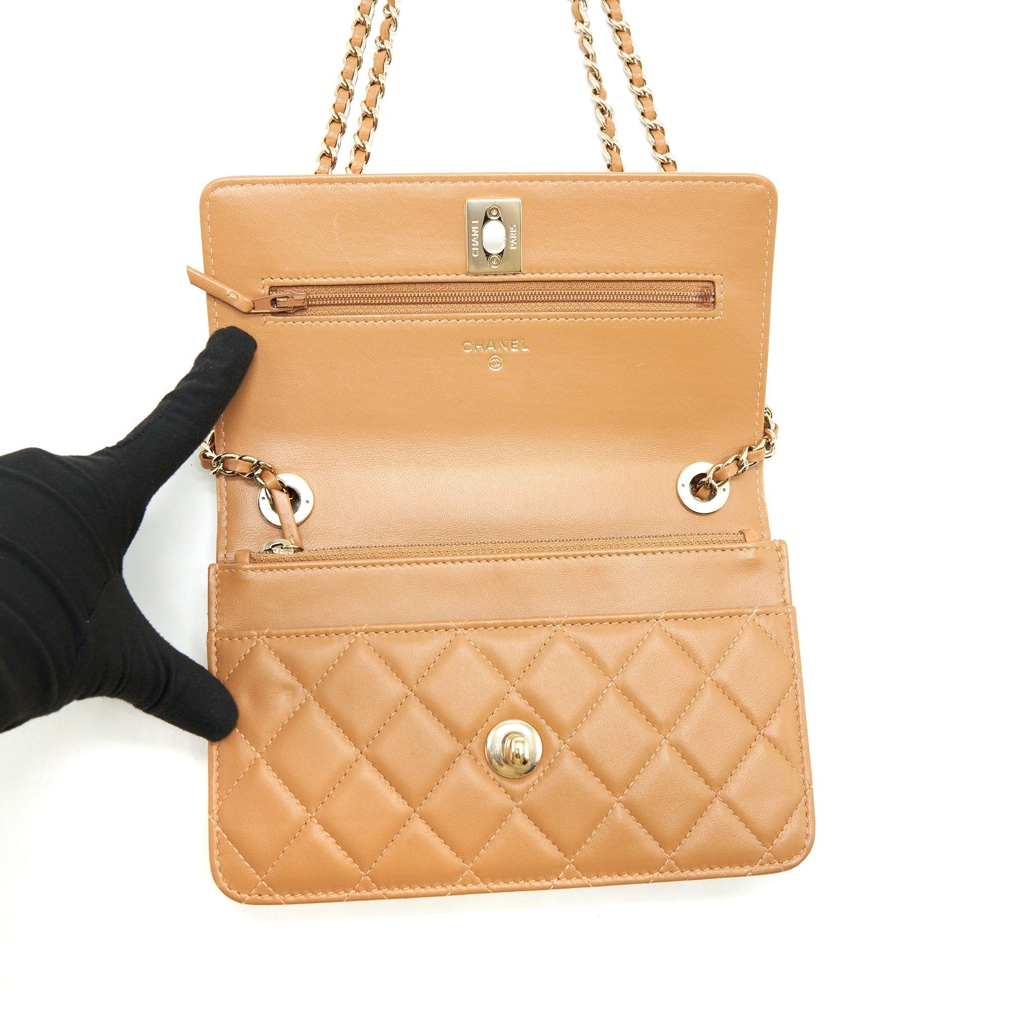 Chanel Trendy CC Wallet On Chain Lambskin Dark Beige L