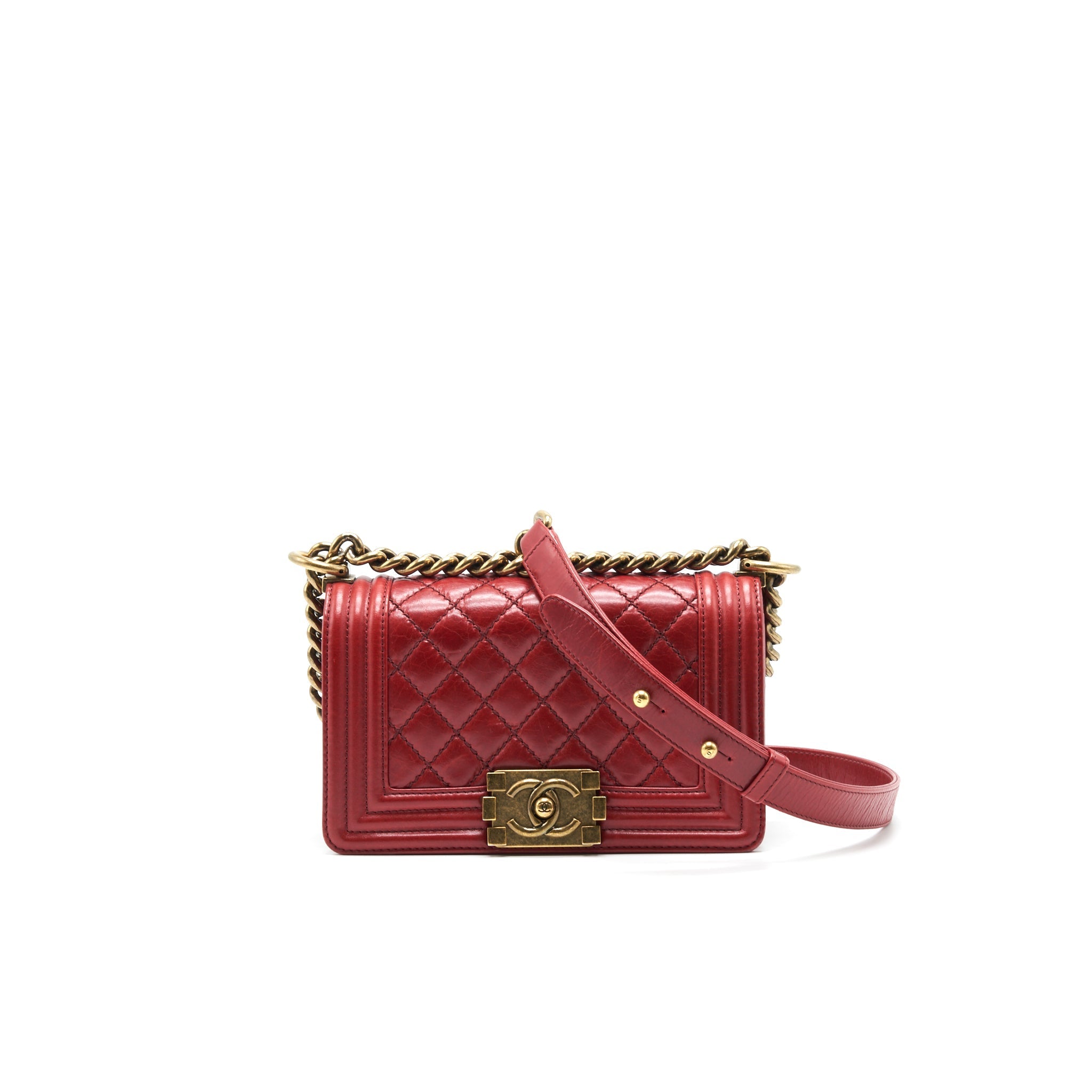 CHANEL GLAZED CALFSKIN SMALL LE BOY BAG IN RED