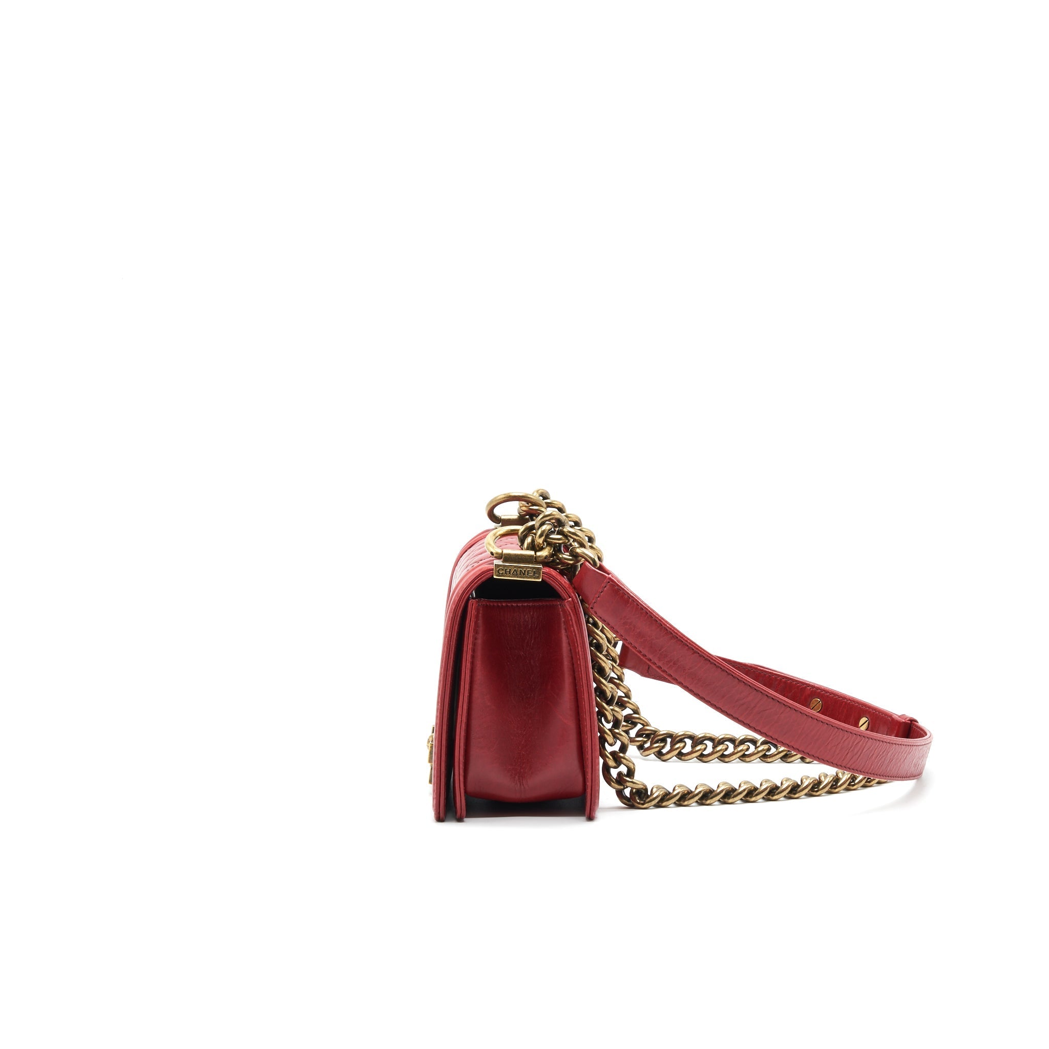 CHANEL GLAZED CALFSKIN SMALL LE BOY BAG IN RED