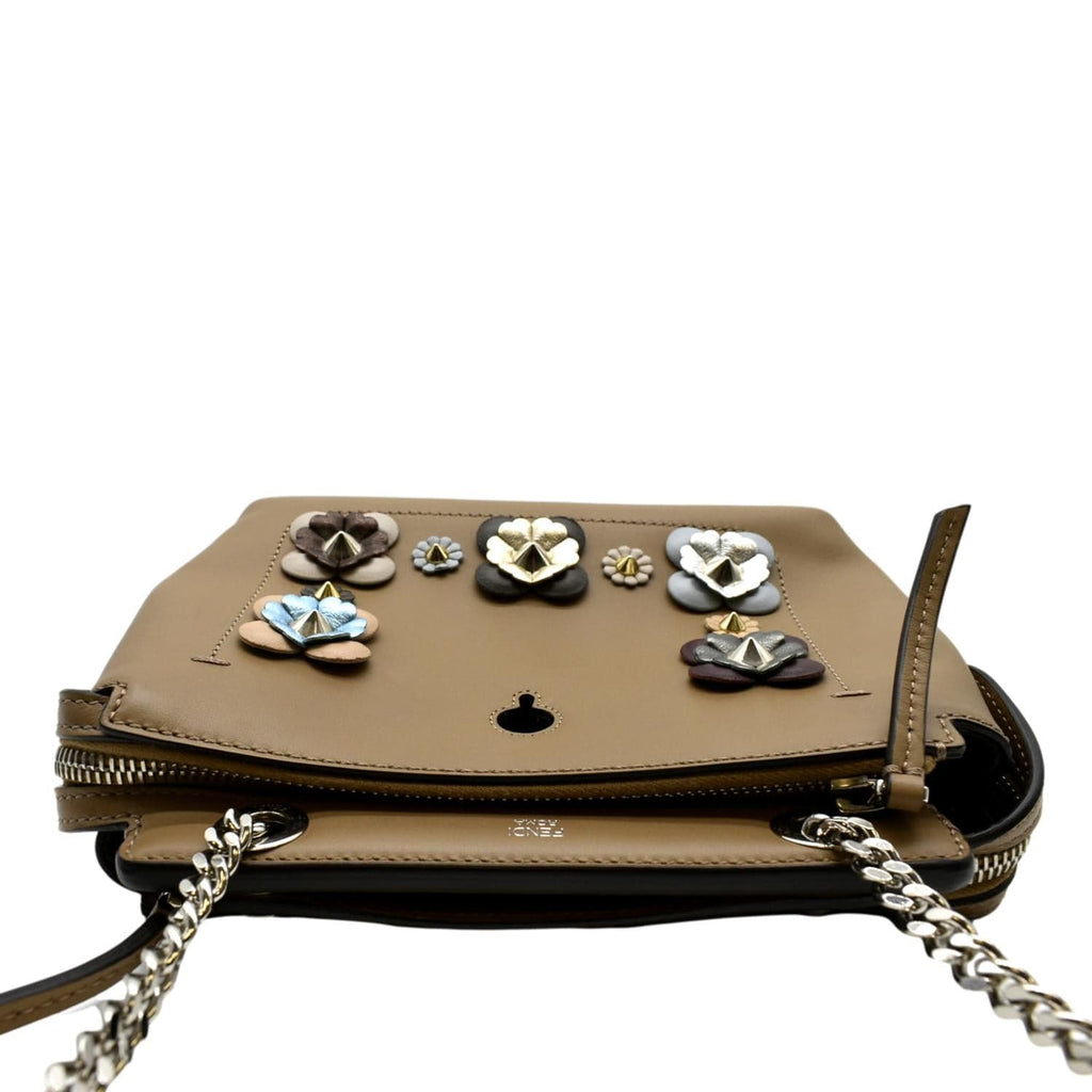 FENDI DotCom Flower Embellished Leather Shoulder Bag Tan