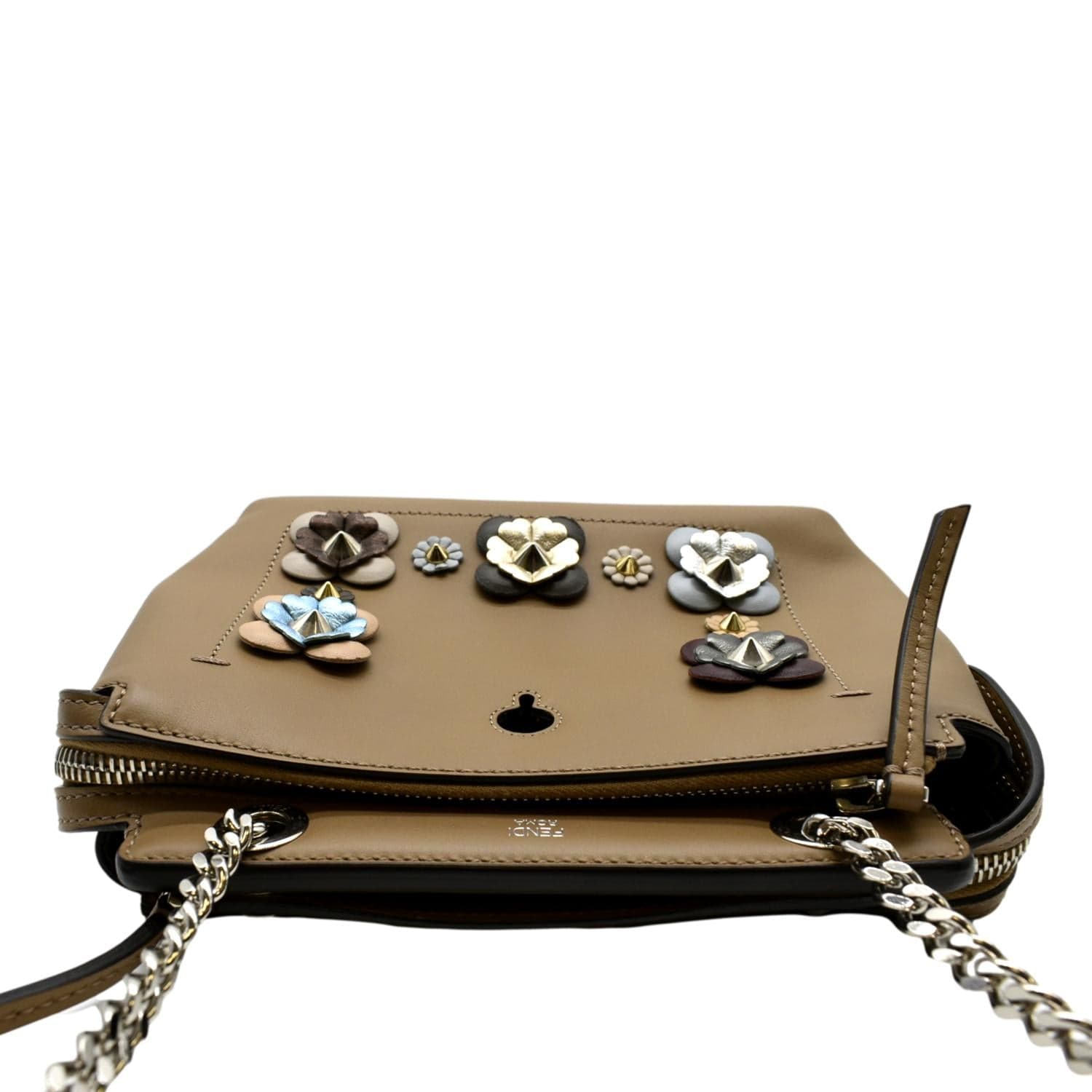 FENDI DotCom Flower Embellished Leather Shoulder Bag Tan