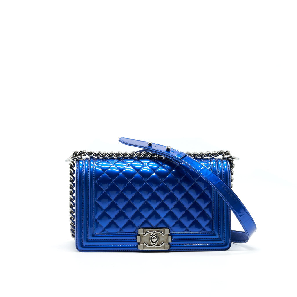 CHANEL MEDIUM LE BOY BAG METALLIC BLUE