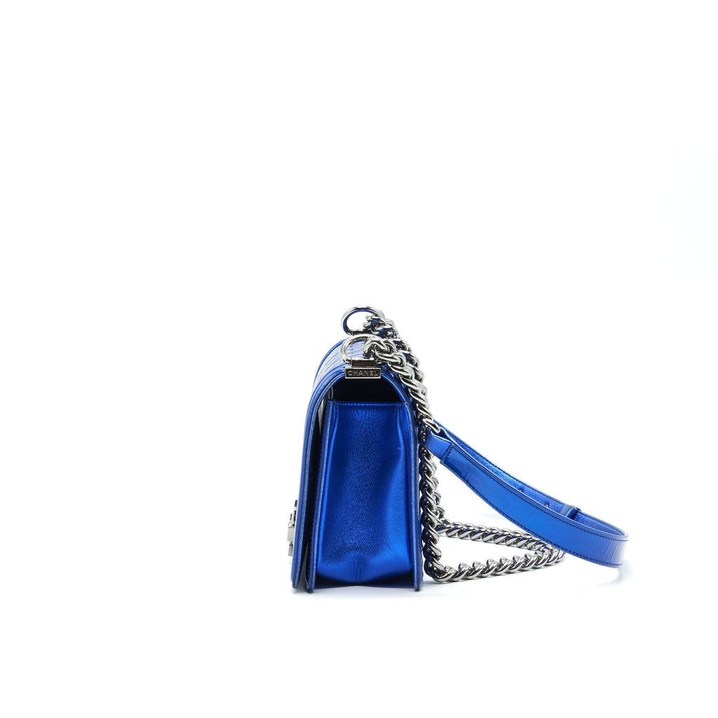 CHANEL MEDIUM LE BOY BAG METALLIC BLUE