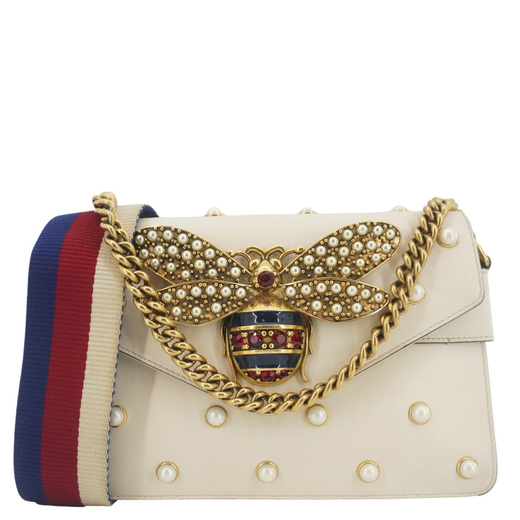 GUCCI Broadway Pearl Bee Mini Leather Shoulder Bag White 453778