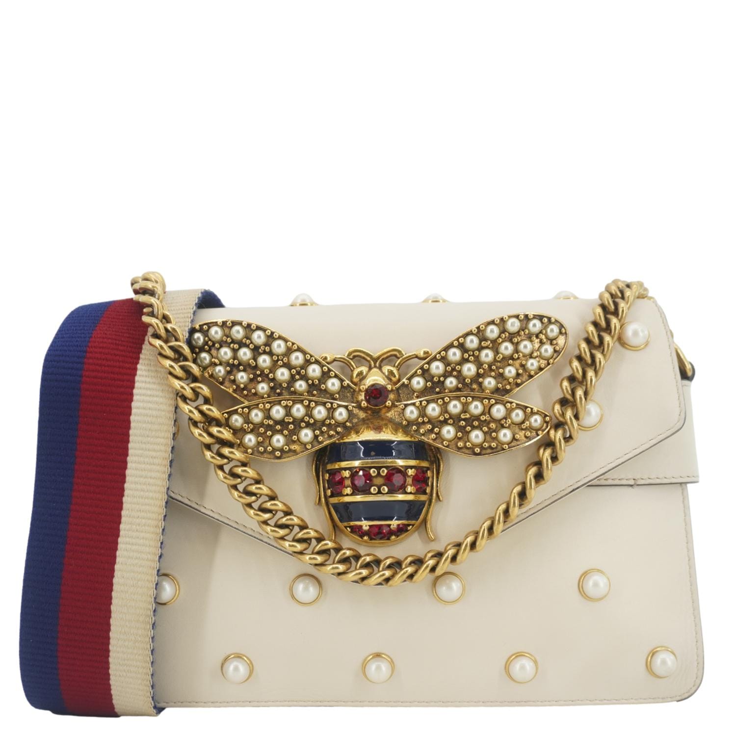 GUCCI Broadway Pearl Bee Mini Leather Shoulder Bag White 453778