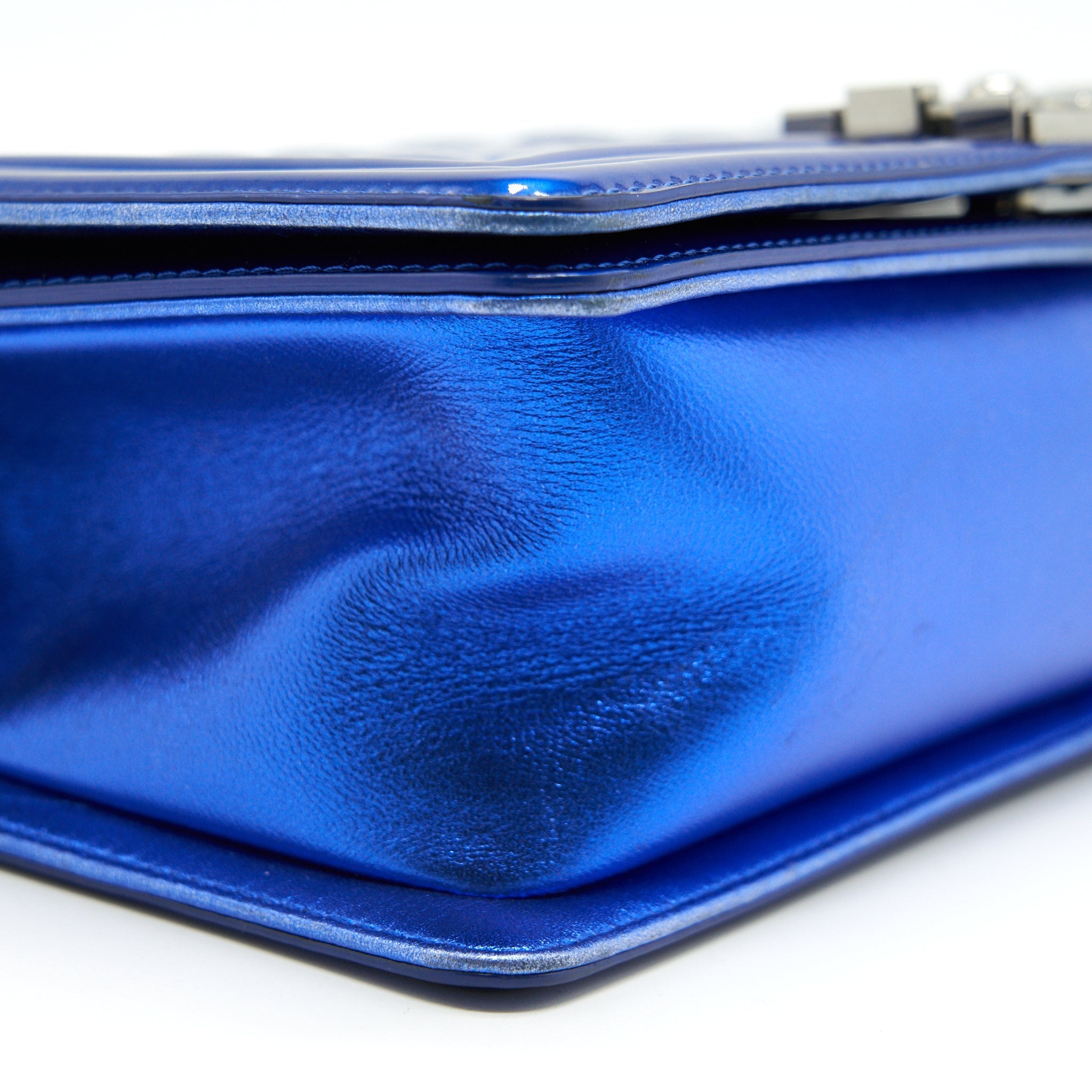 CHANEL MEDIUM LE BOY BAG METALLIC BLUE