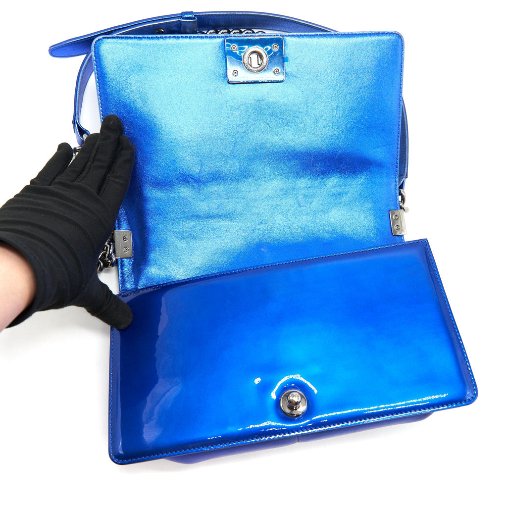 CHANEL MEDIUM LE BOY BAG METALLIC BLUE