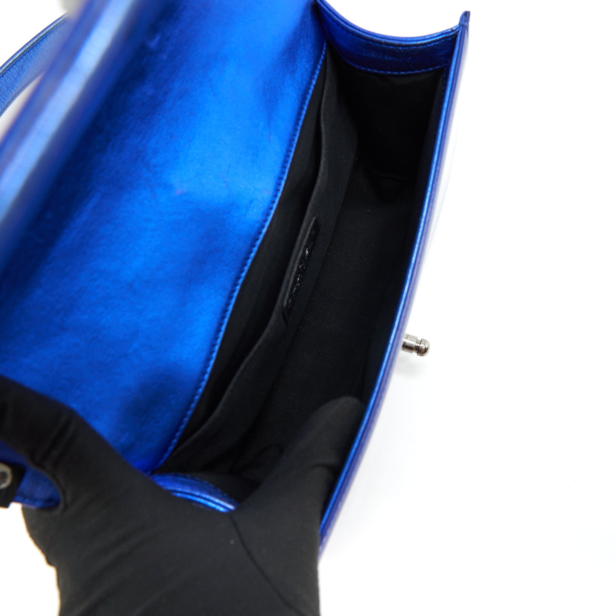 CHANEL MEDIUM LE BOY BAG METALLIC BLUE