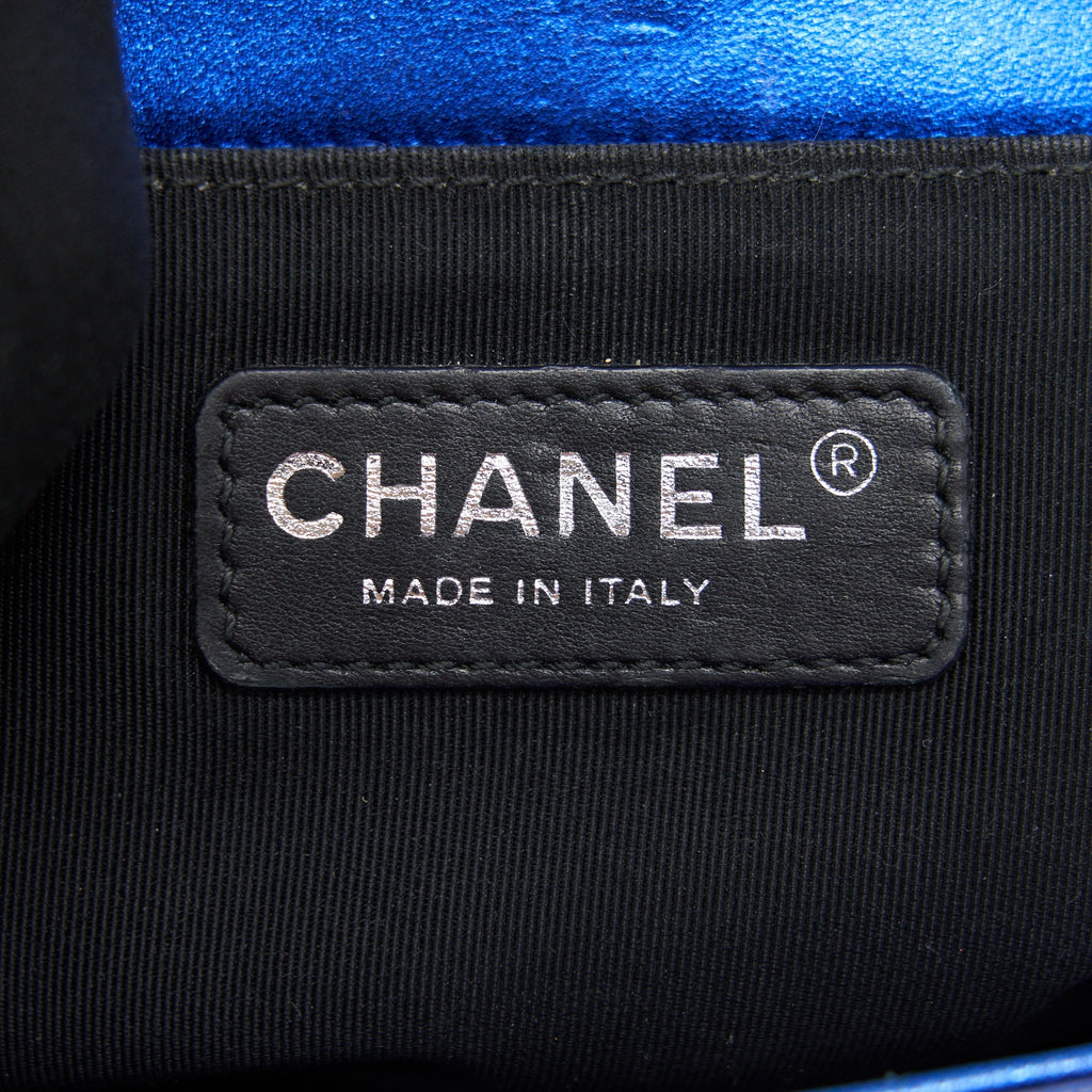 CHANEL MEDIUM LE BOY BAG METALLIC BLUE