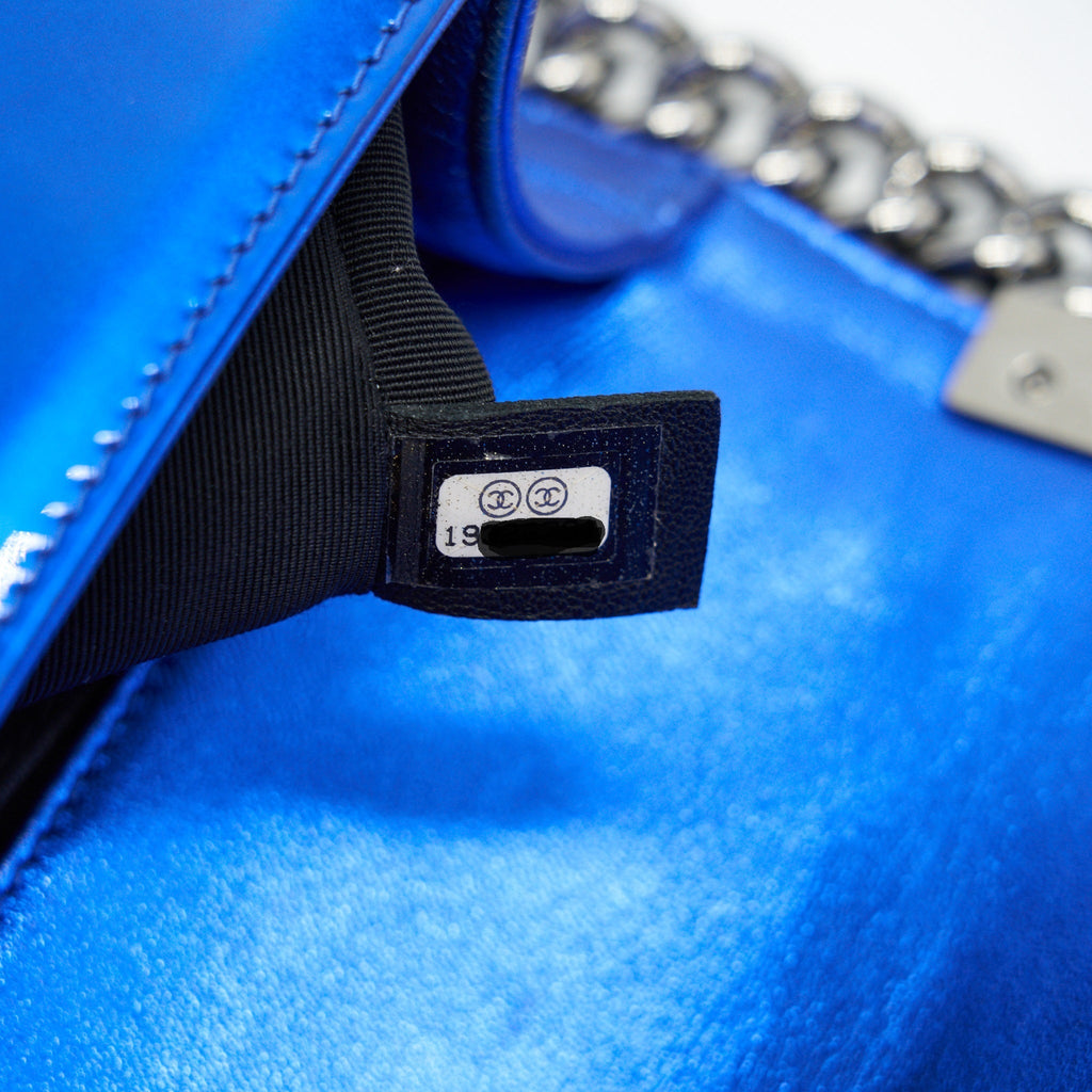 CHANEL MEDIUM LE BOY BAG METALLIC BLUE