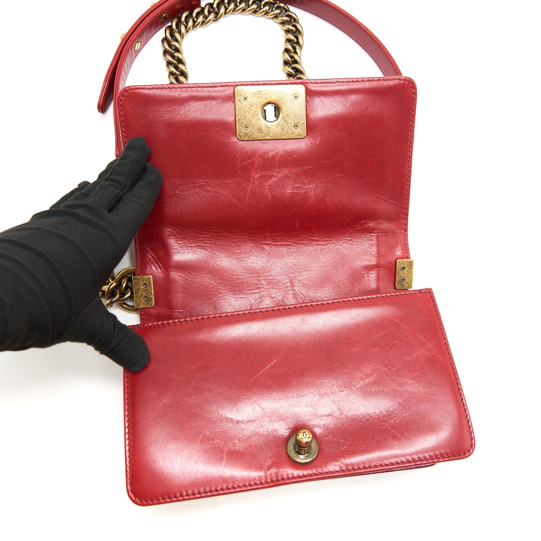 CHANEL GLAZED CALFSKIN SMALL LE BOY BAG IN RED