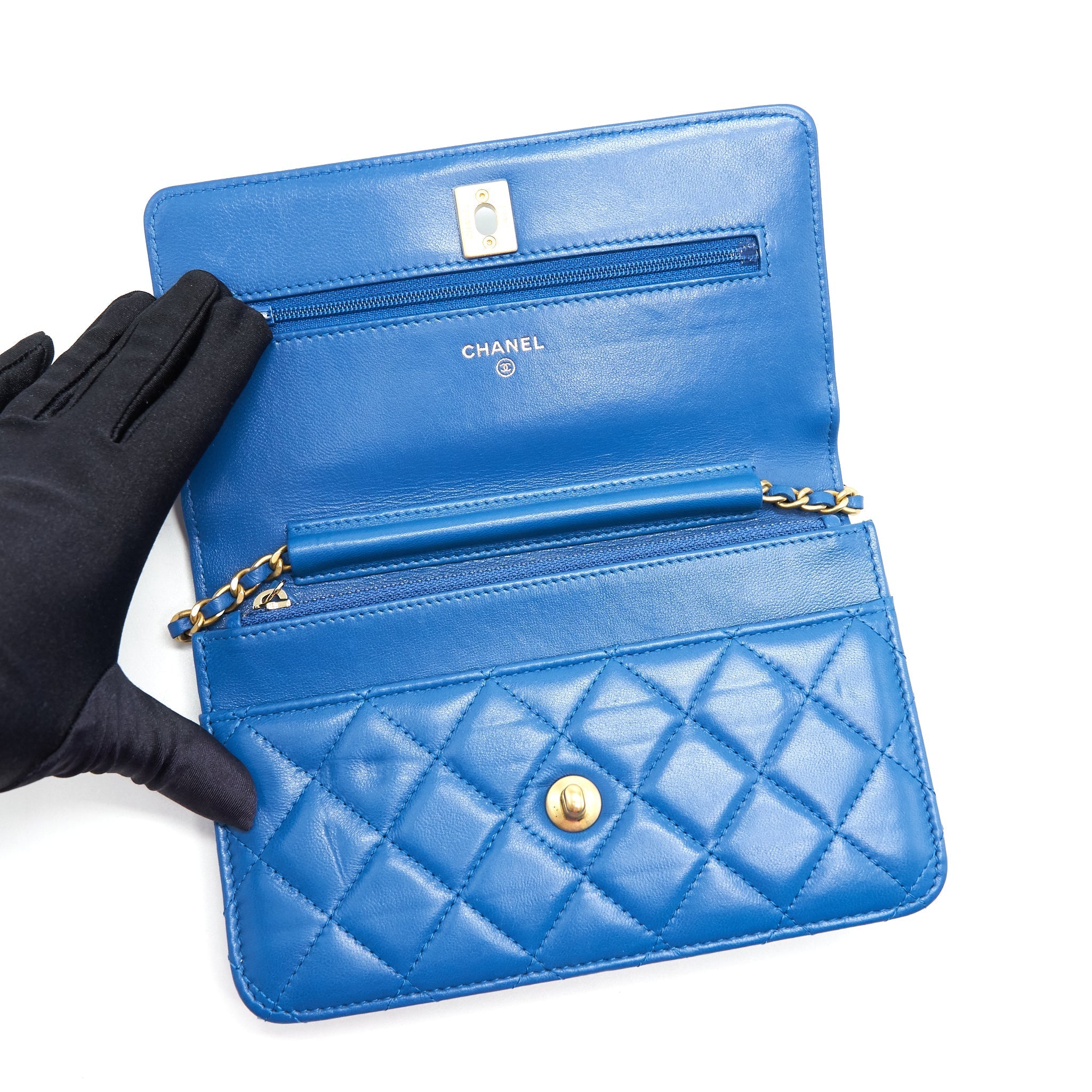 Chanel Lambskin Quilted CC Pearl Crush Wallet On Chain Blue with