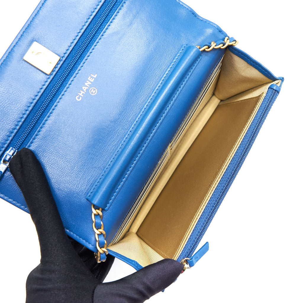 Chanel Lambskin Quilted CC Pearl Crush Wallet On Chain Blue with