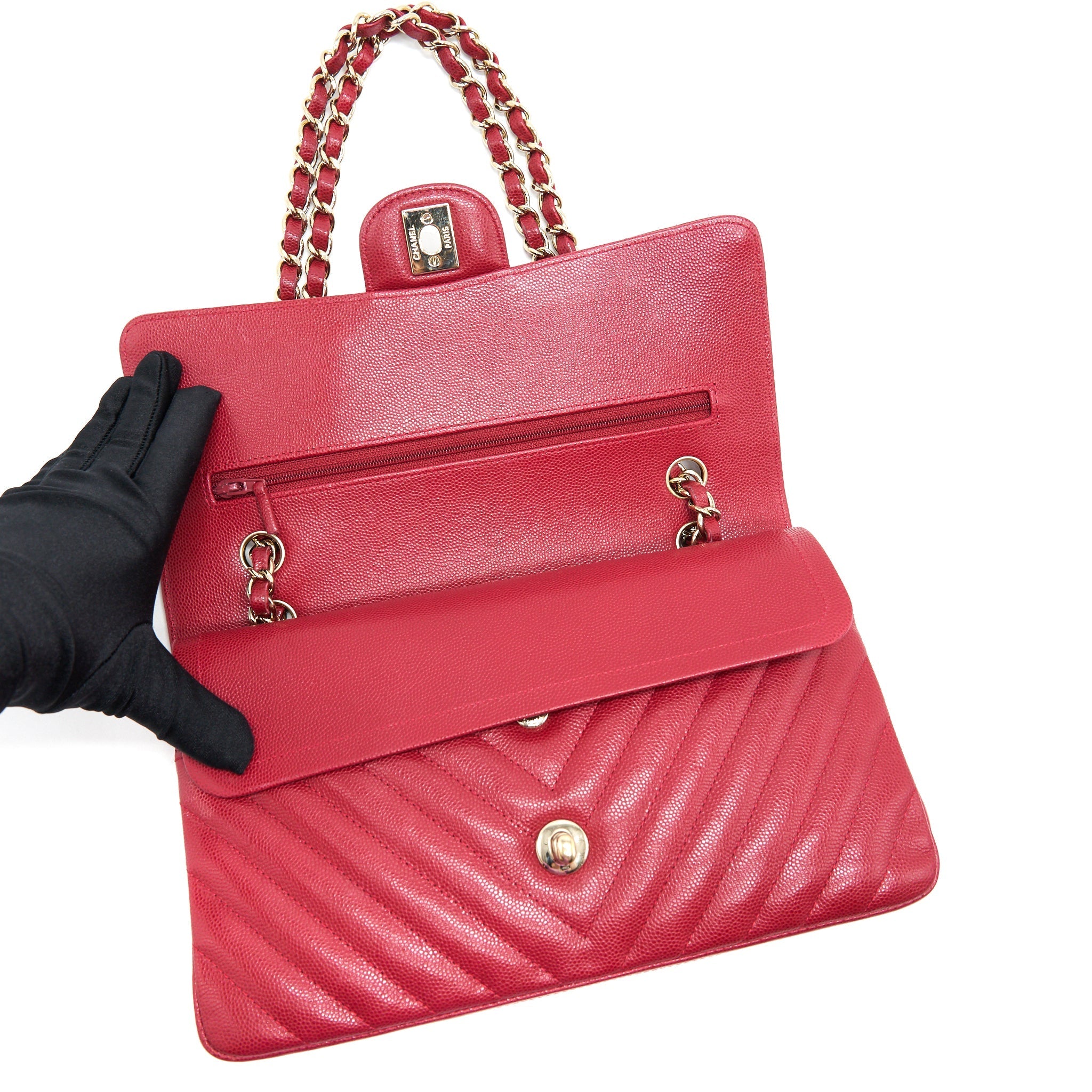 Chanel Medium Classic Double Flap caviar Raspberry Red with L