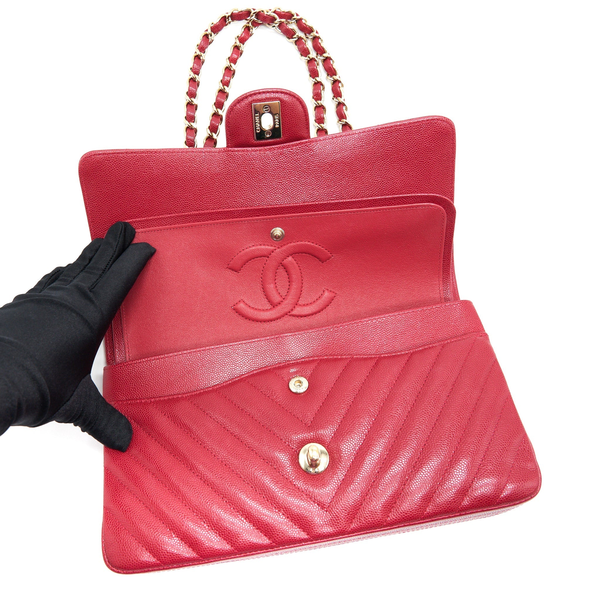 Chanel Medium Classic Double Flap caviar Raspberry Red with L