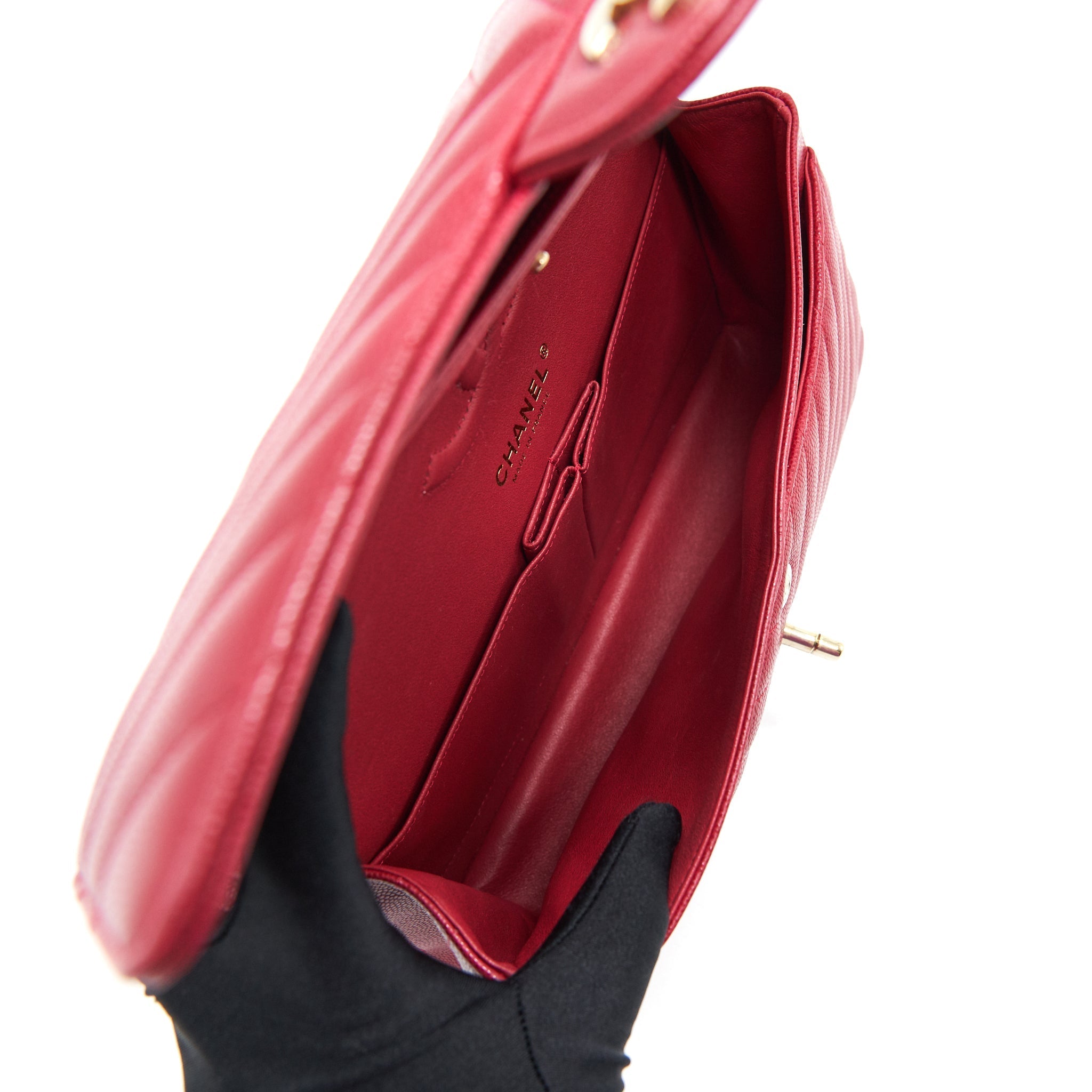 Chanel Medium Classic Double Flap caviar Raspberry Red with L