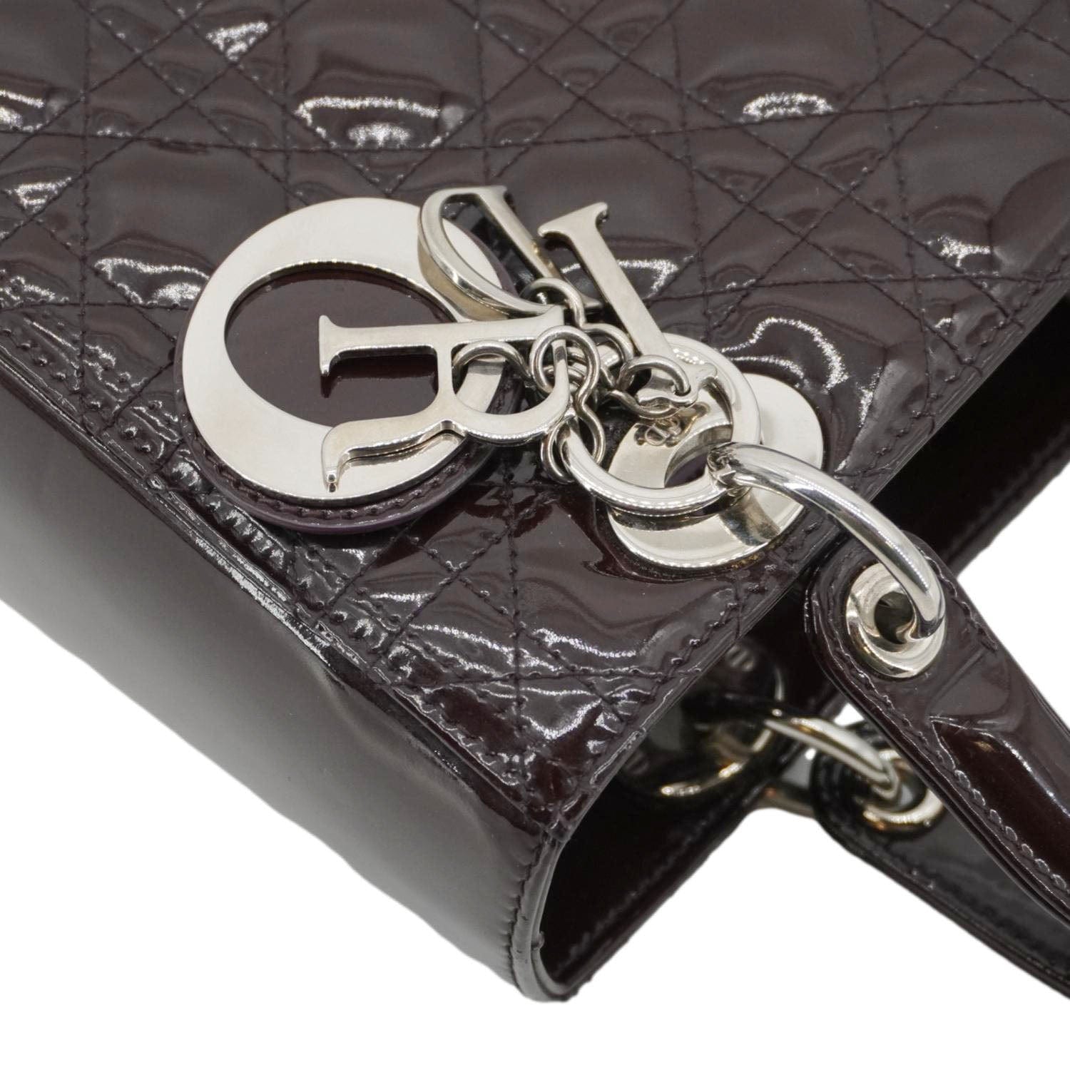 CHRISTIAN DIOR Lady Dior Quilted Patent Leather Shoulder Bag Burgundy