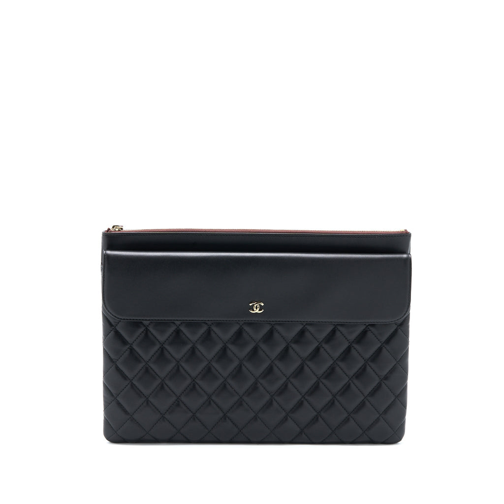 Chanel Quilted Zip and Flap Pouch/Clutch Large Model Lambskin Black L