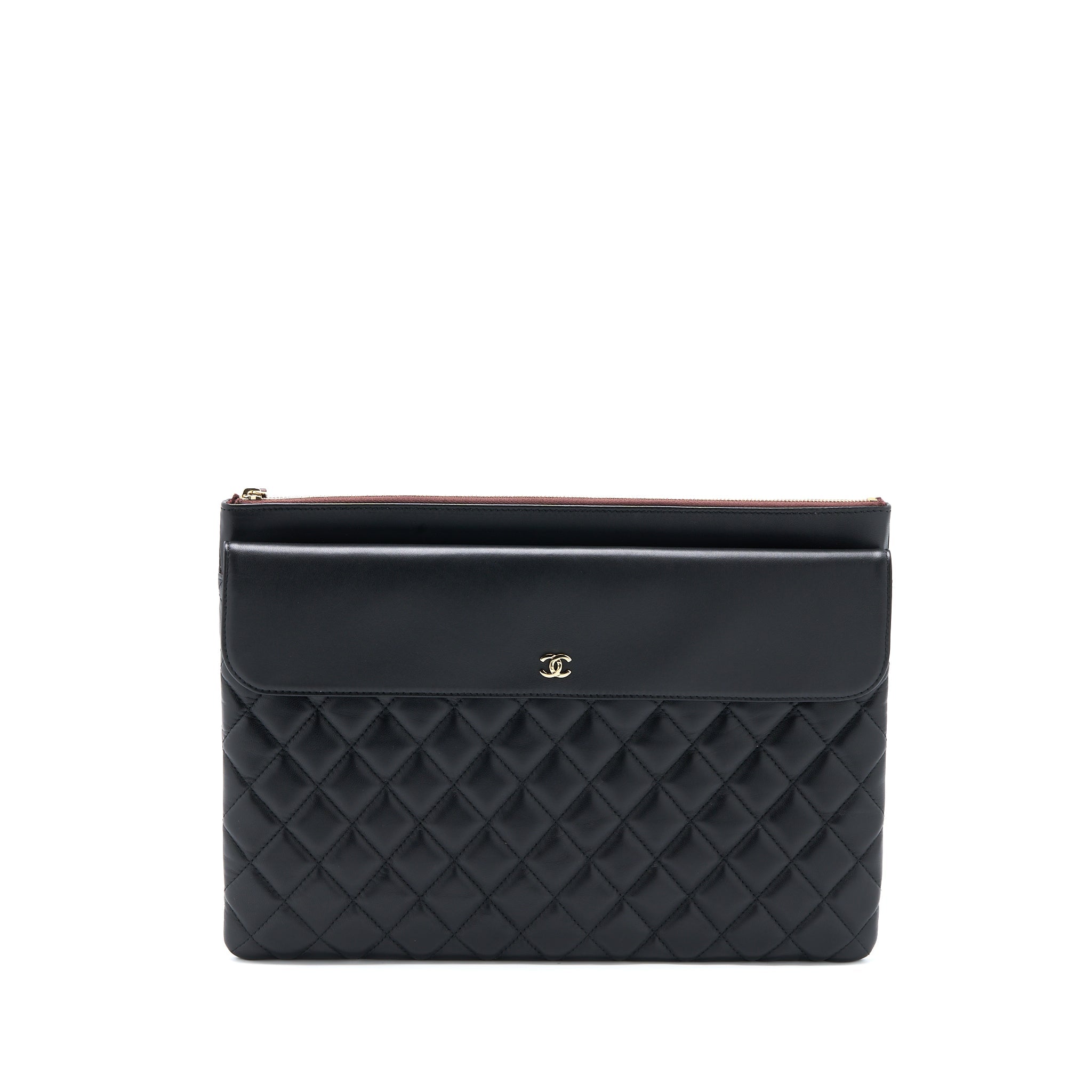 Chanel Quilted Zip and Flap Pouch/Clutch Large Model Lambskin Black L