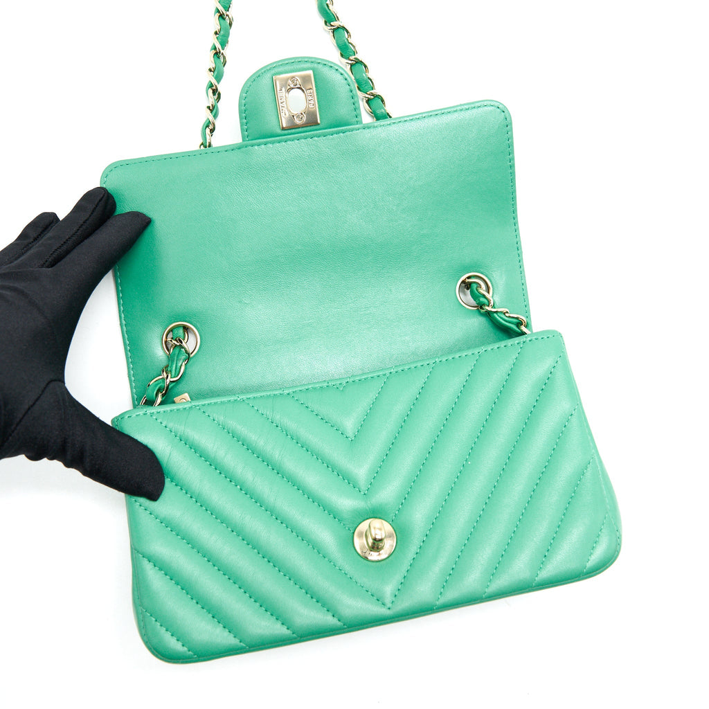 Chanel Chevron Mini Rectangular Green with L