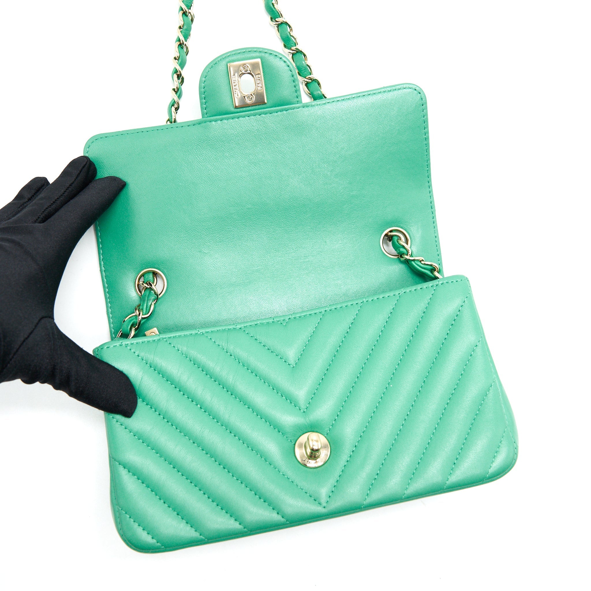 Chanel Chevron Mini Rectangular Green with L