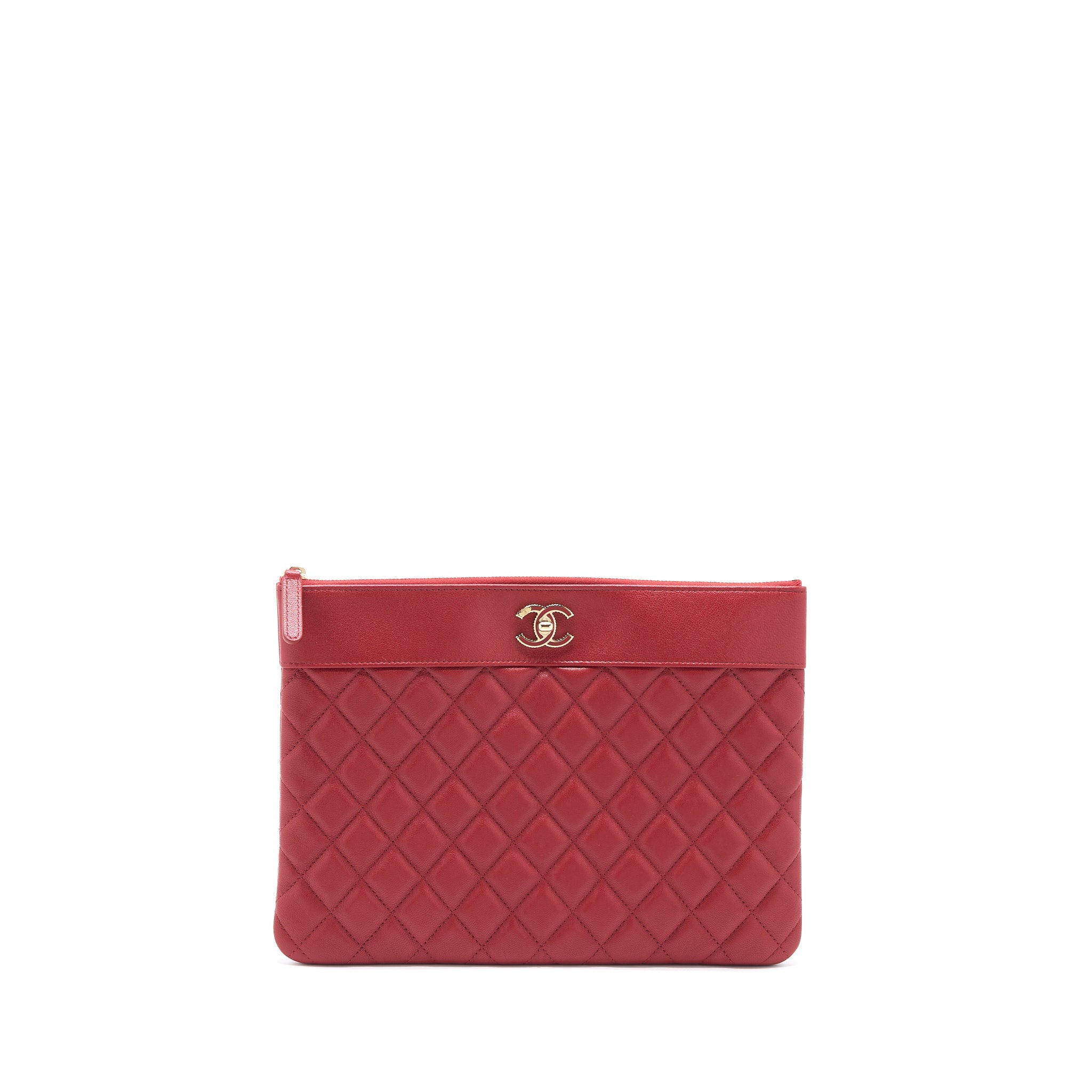 Chanel CC Logo Quilted Zip Pouch/Clutch Calfskin Red
