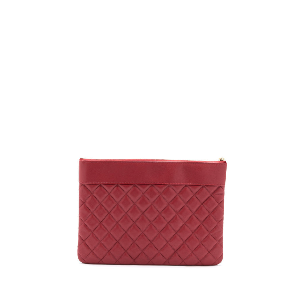 Chanel CC Logo Quilted Zip Pouch/Clutch Calfskin Red
