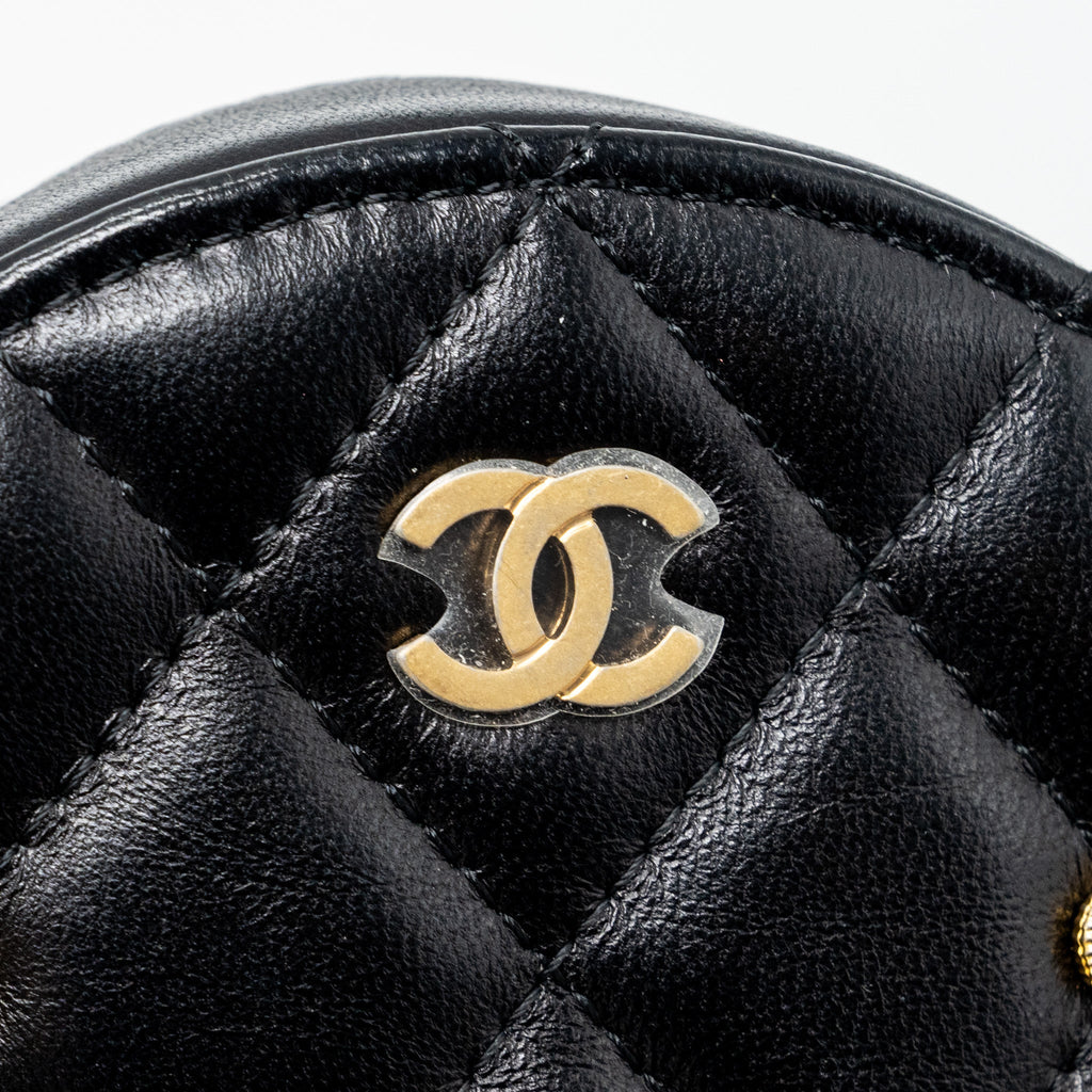 Chanel Limited Edition Charm Round Clutch With Chain Lambskin Black