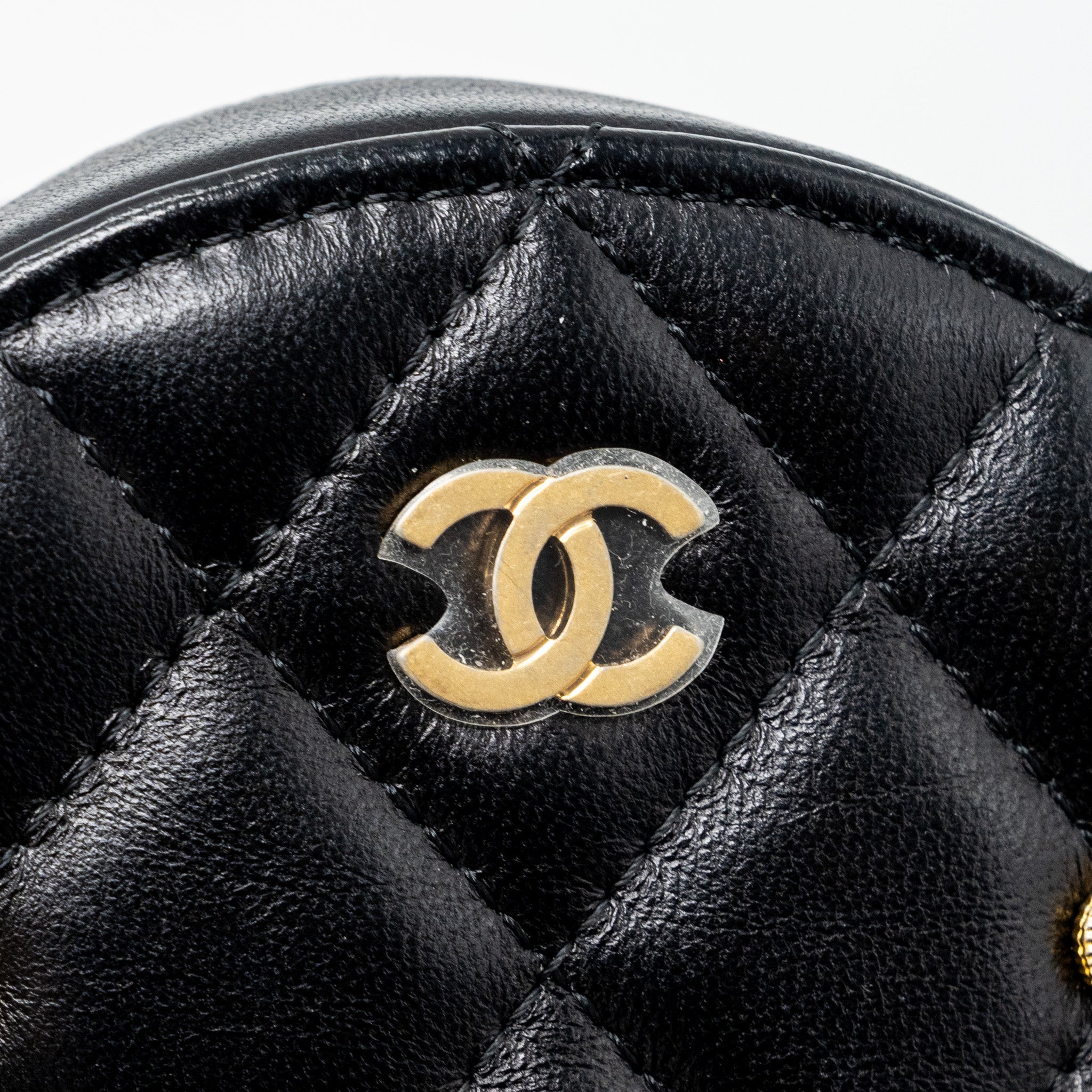 Chanel Limited Edition Charm Round Clutch With Chain Lambskin Black