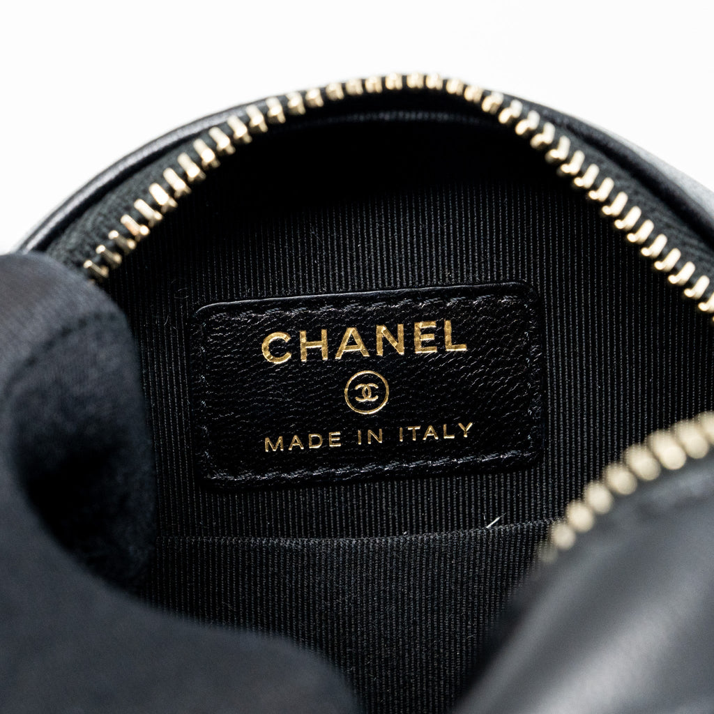 Chanel Limited Edition Charm Round Clutch With Chain Lambskin Black