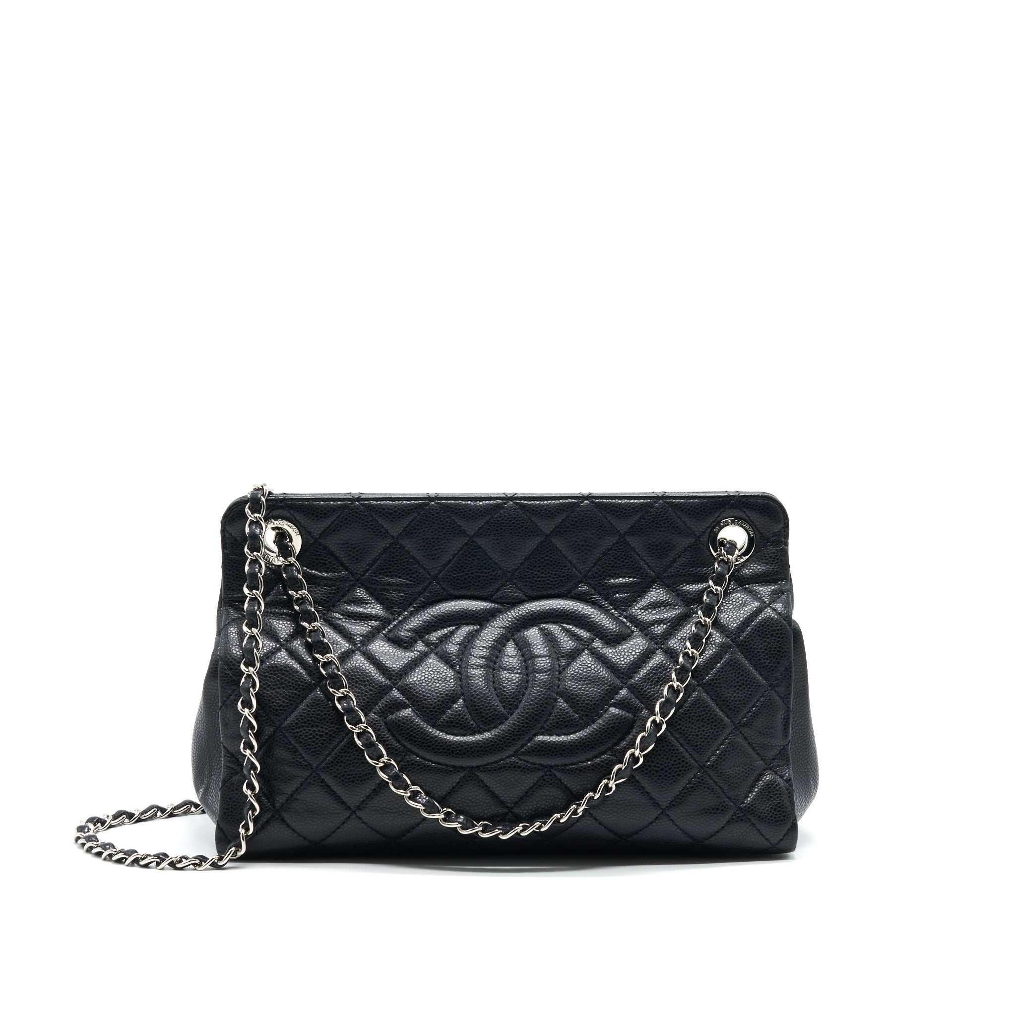 CHANEL QUILTED LEATHER TOTE BAG WITH CHAIN IN CARVIAR BLACK
