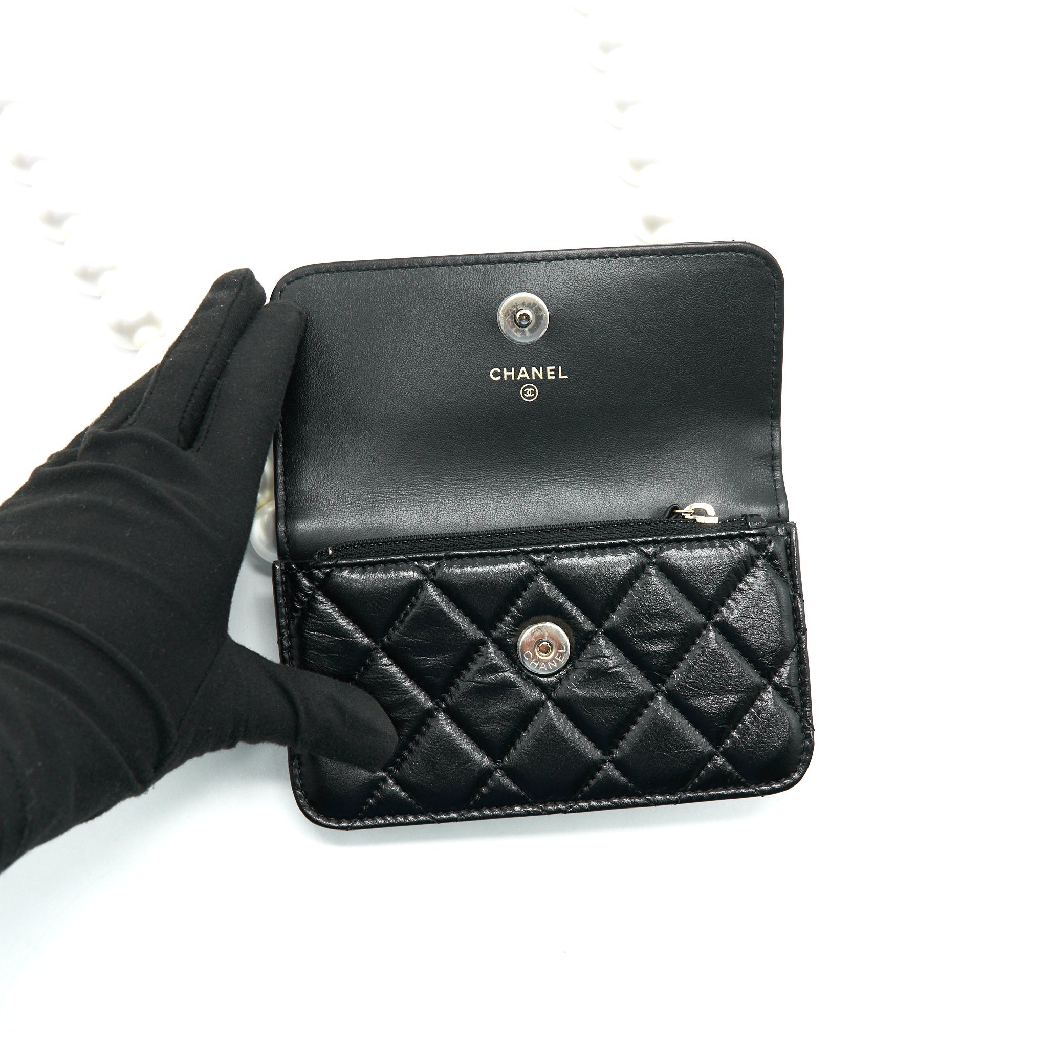 Chanel Giant Pearl Clutch With Chain Calfskin Black L