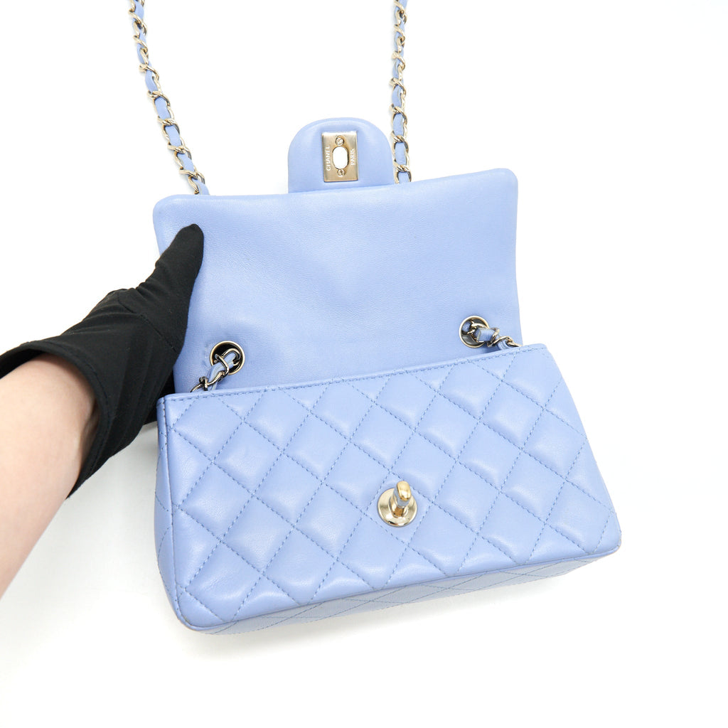 CHANEL LAMBSKIN RECTANGULAR MINI FLAP BAG IN ICE BLUE