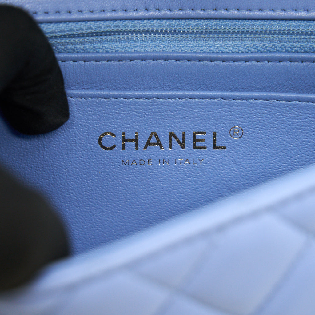 CHANEL LAMBSKIN RECTANGULAR MINI FLAP BAG IN ICE BLUE