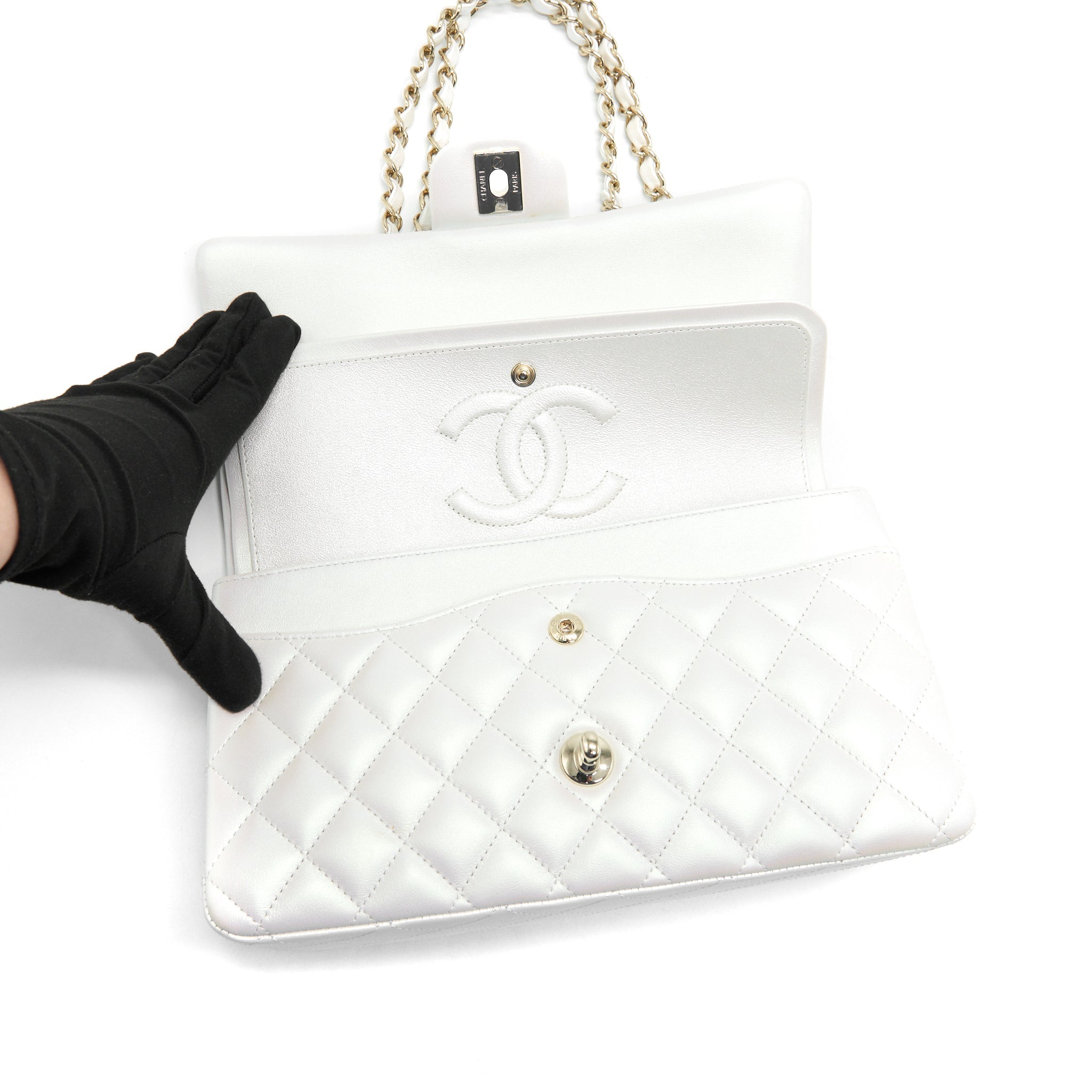 Chanel medium S21 iridescent white classic bag