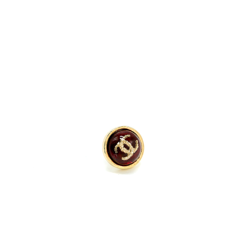 Chanel Round CC Logo Earring Red Gond Tone